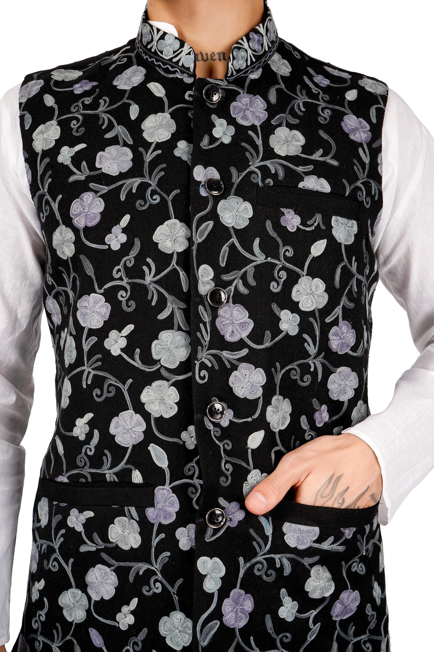 Kashmiri Nehru Jacket, Sleeveless Nehru Jackets, Men Waistcoat, Modi Jackets, Floral Aari Embroidered Luxurious Jackets For Men