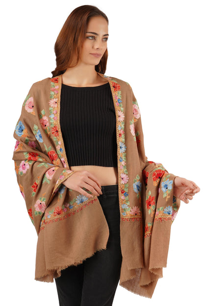Kashmiri Embroidered Shawl, Shawl For Women,  Kashmiri Aari Thread Embroidery Fused With Tilla/Zari Embroidery, Pure Merino Wool Shawl,