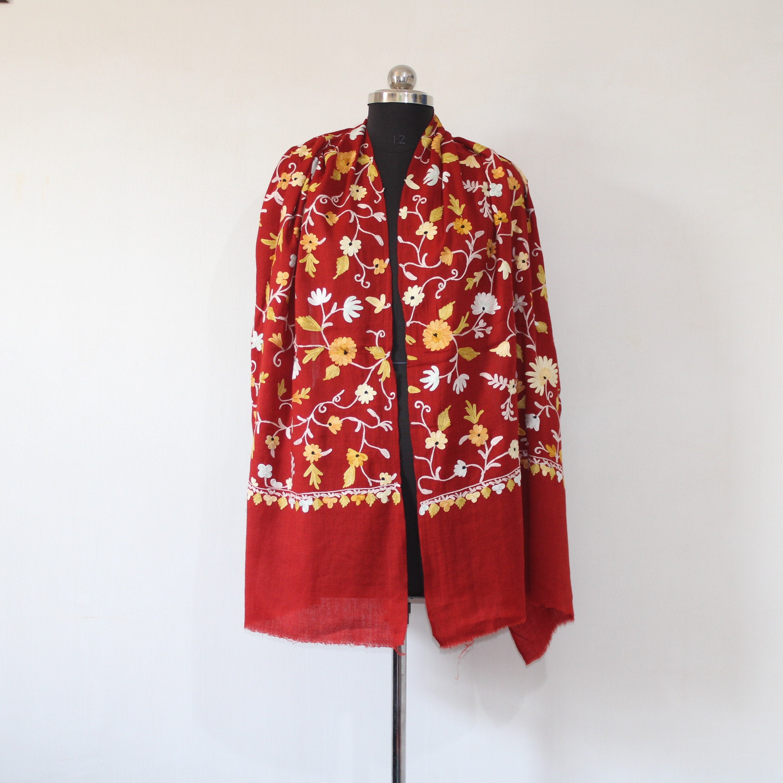 Premium Handmade Kashmiri Scarf, Merino Wool Stole in Maroon, Embroidered Wrap