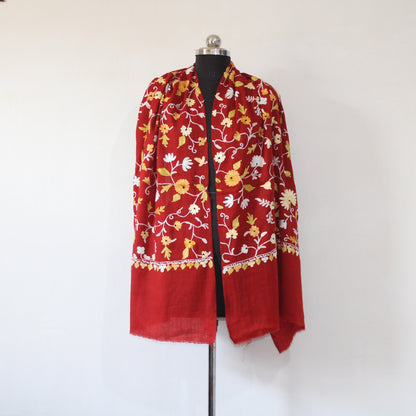 Premium Handmade Kashmiri Scarf, Merino Wool Stole in Maroon, Embroidered Wrap