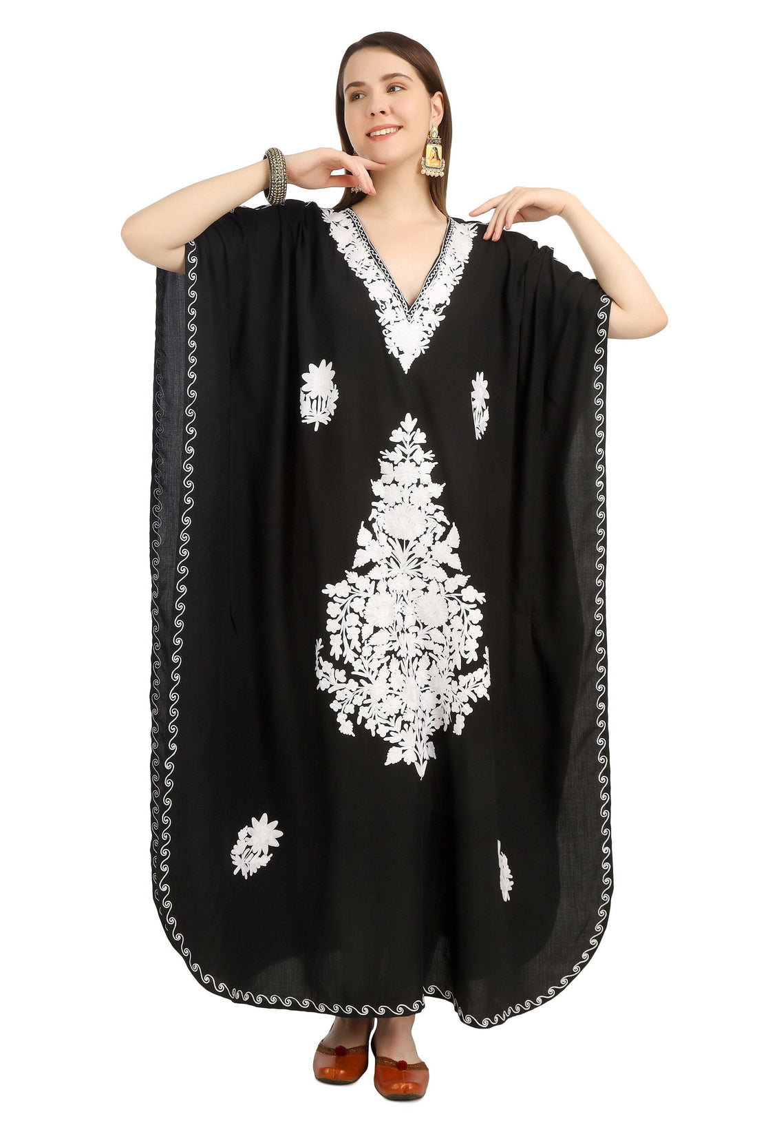 Kashmiri Aari Embroidered Cotton Kaftan for Women, Handmade Kaftan Dress for Girls, Cotton Maxi Dress for Summers