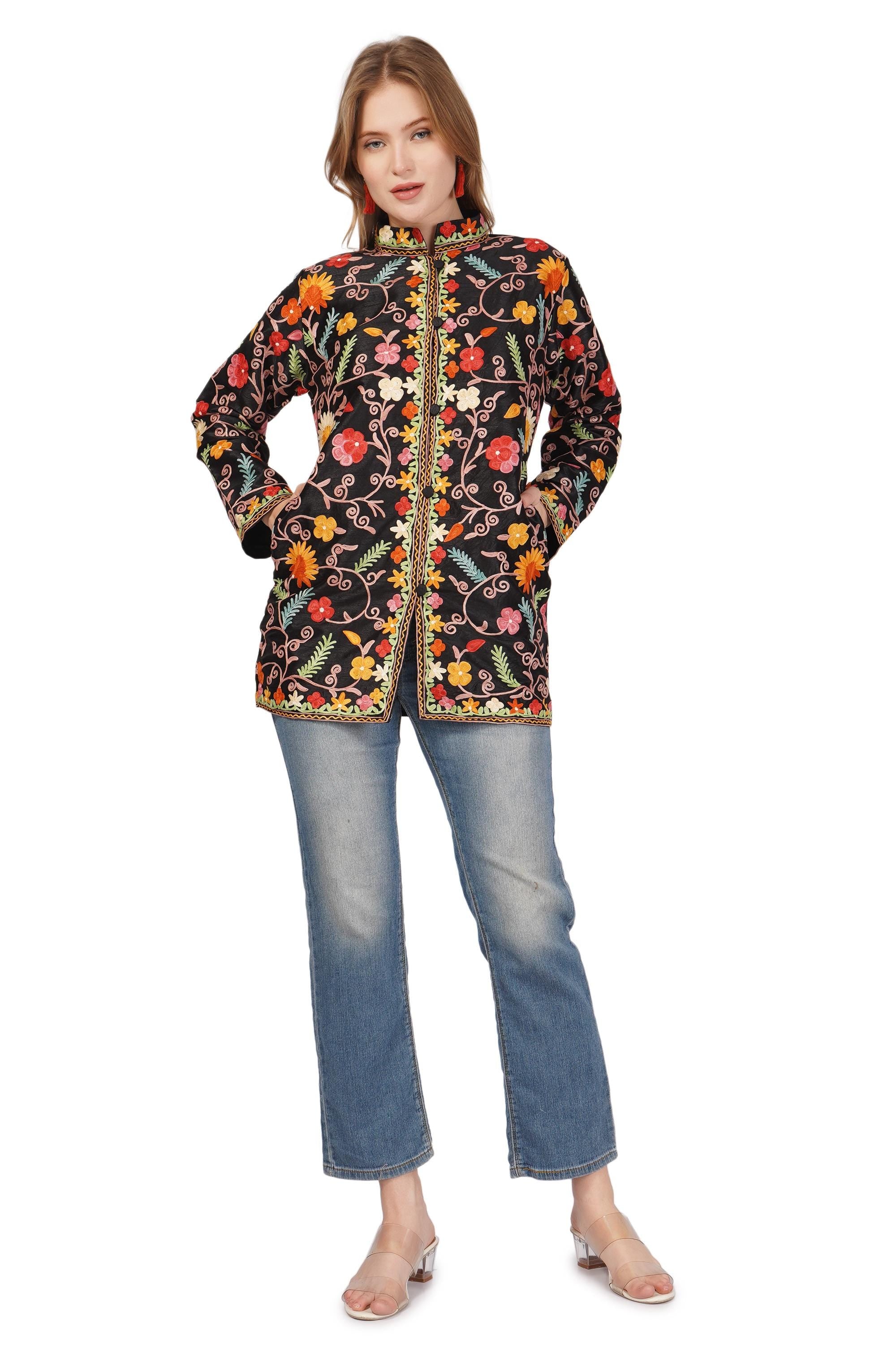 Kashmiri Jacket With Aari Embroidery, Floral Jacket With Multicolour Embroidery, Boho Coat, Short Black Jacket