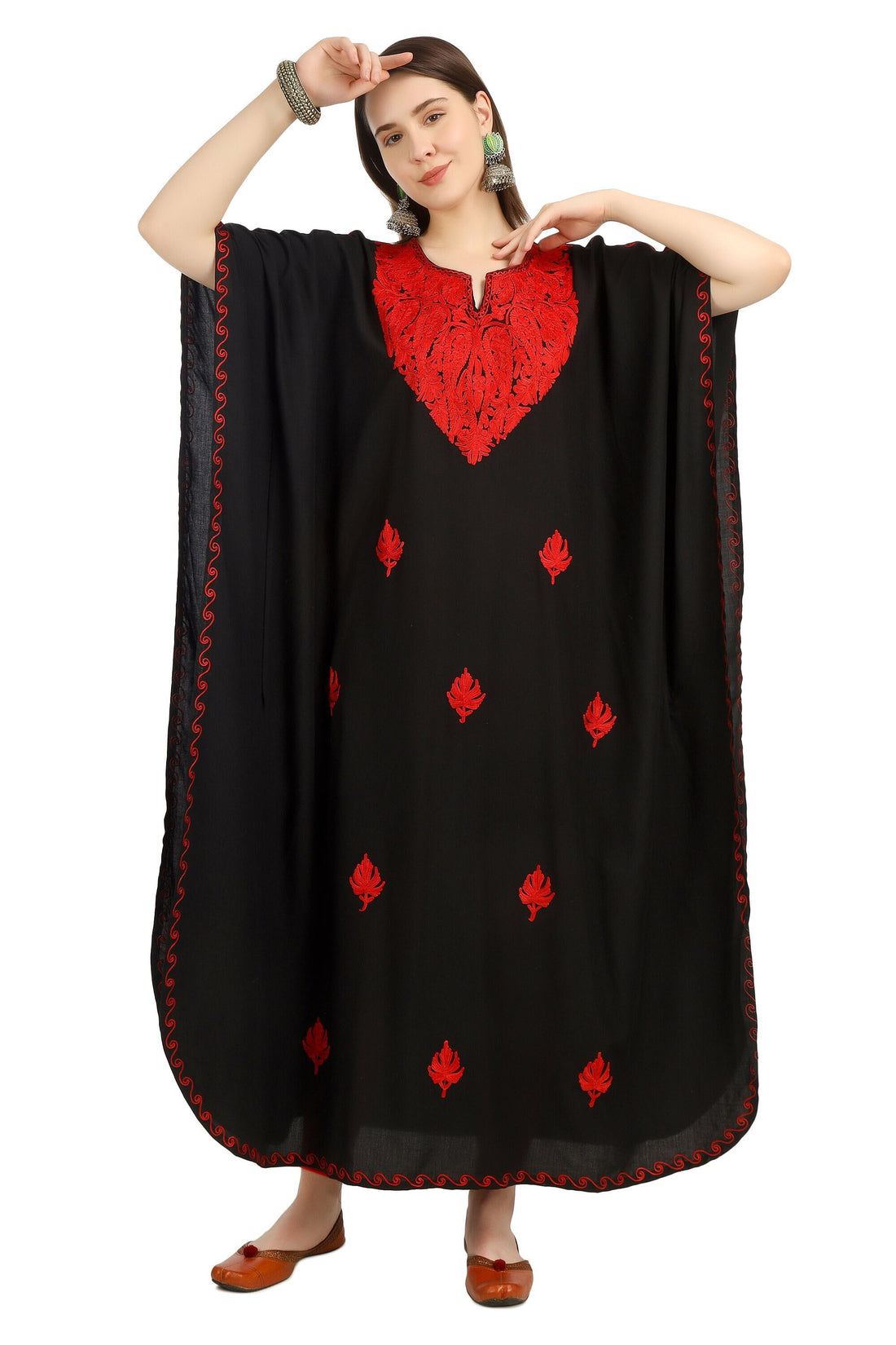 Kashmiri Aari Embroidered Cotton Kaftan for Women, Handmade Kaftan Dress for Girls, Cotton Maxi Dress for Summers
