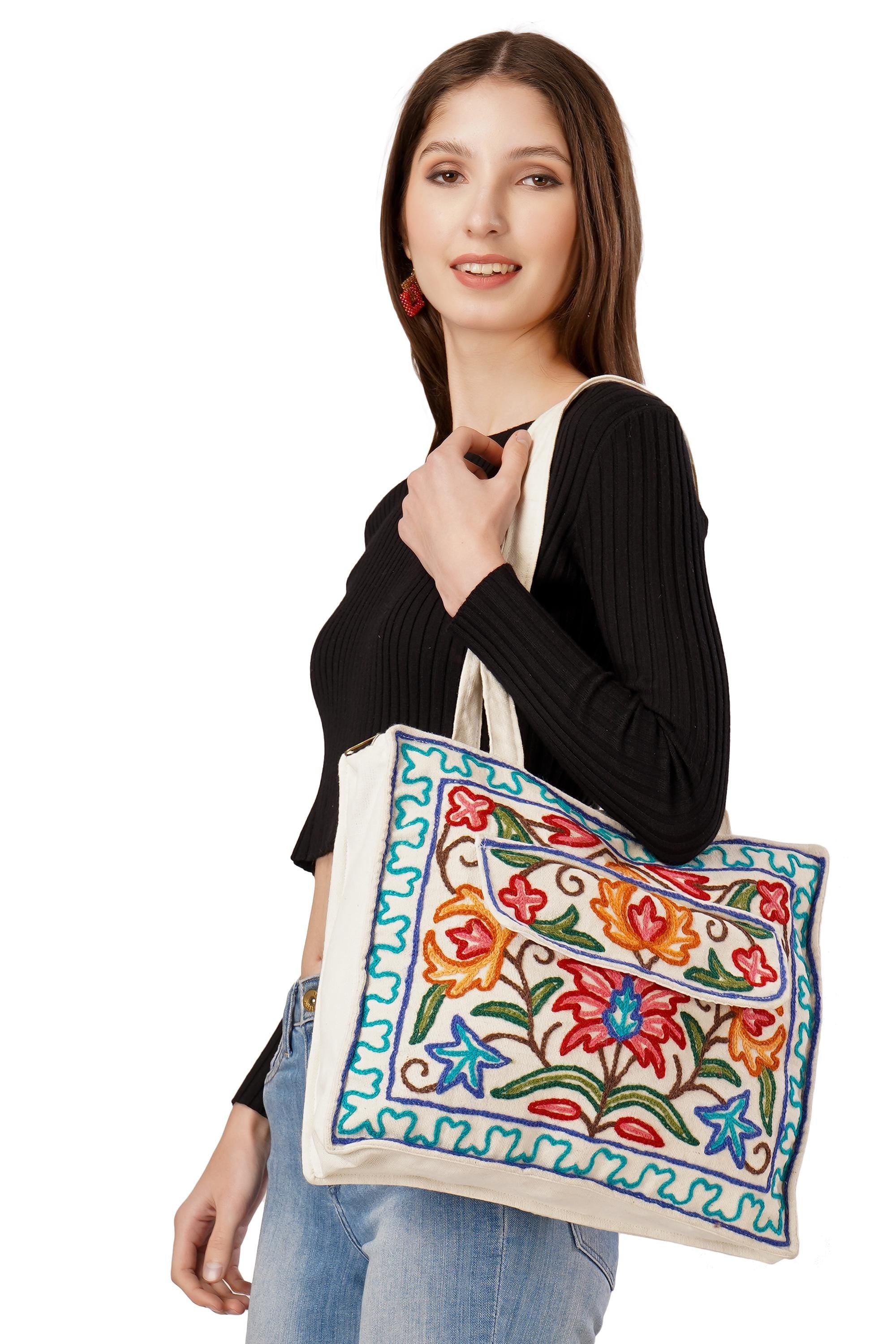 Kashmiri Hand Embroidered Pure Cotton Tote Handbag For Women, Boho Ethnic Shoulder Bag Floral Aari Embroidered Bag, Hobo Crossbody Purse