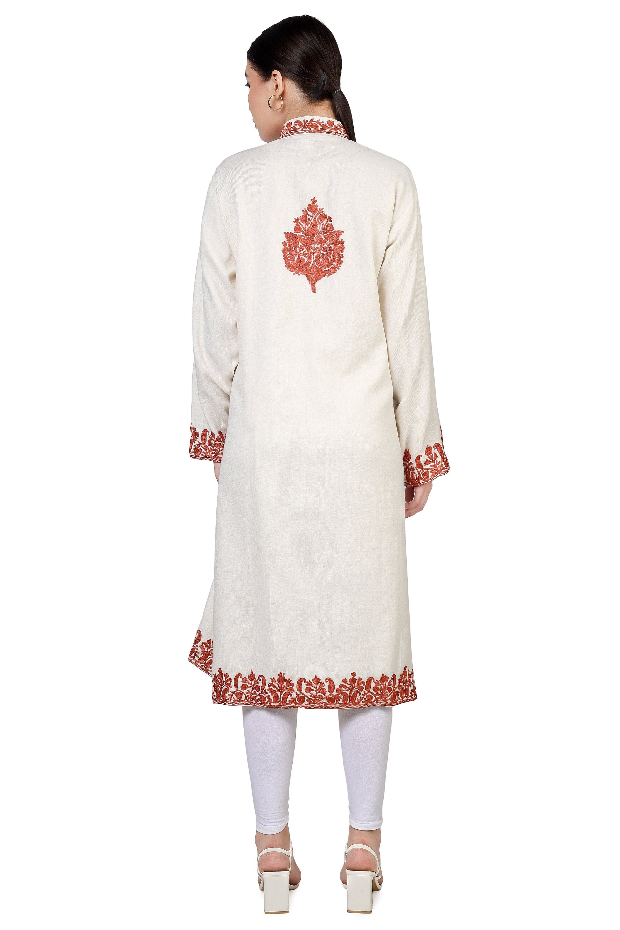 Long Kashmiri Embroidery Woolen Jacket, Kashmiri Embroidered Jacket, Embroidered Coat, white Jacket, Embroidered Long Jacket, BATIN®