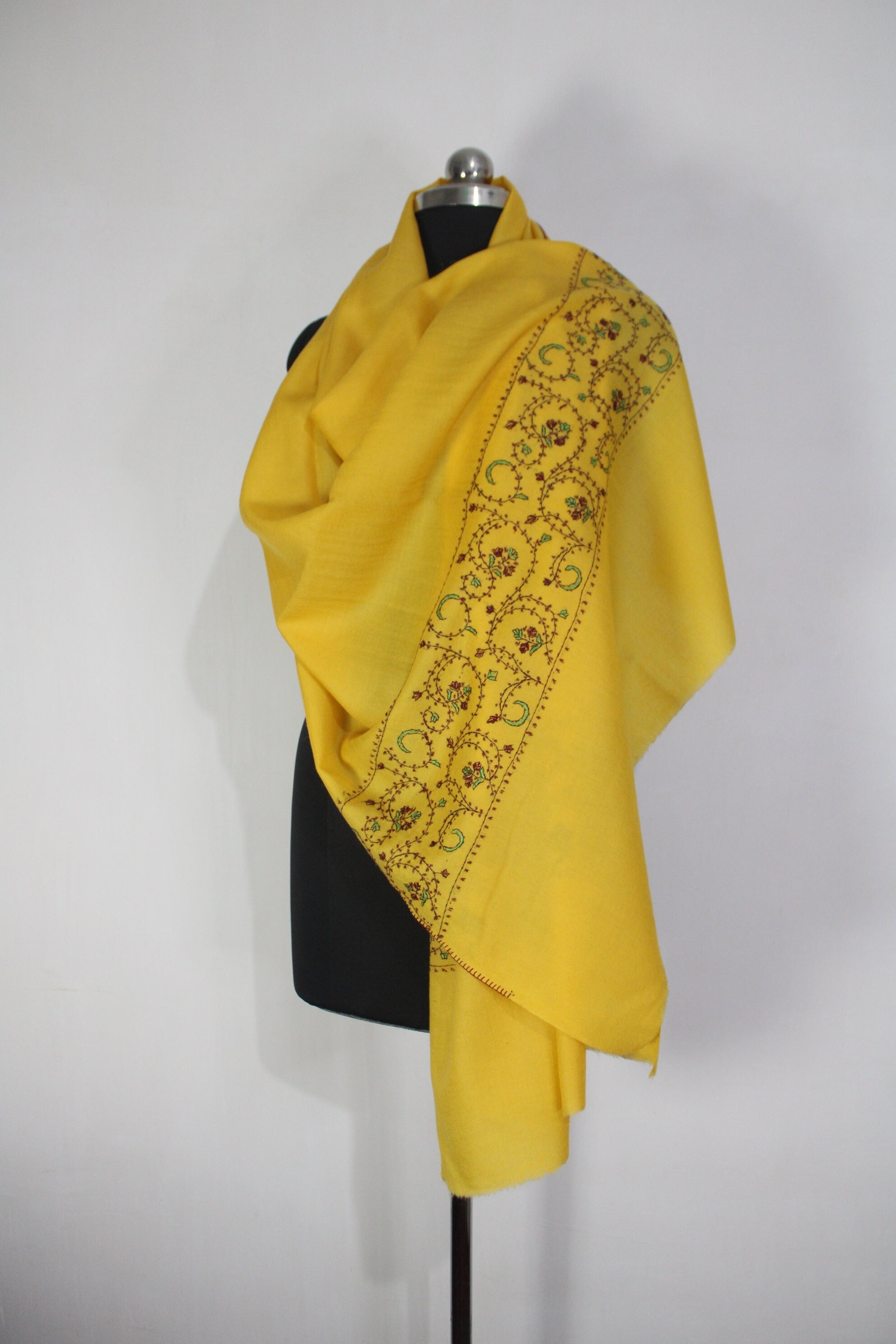 Kashmiri Sozni Embroidered Merino Wool Scarf - Mustard Pashmina Wrap - BATIN