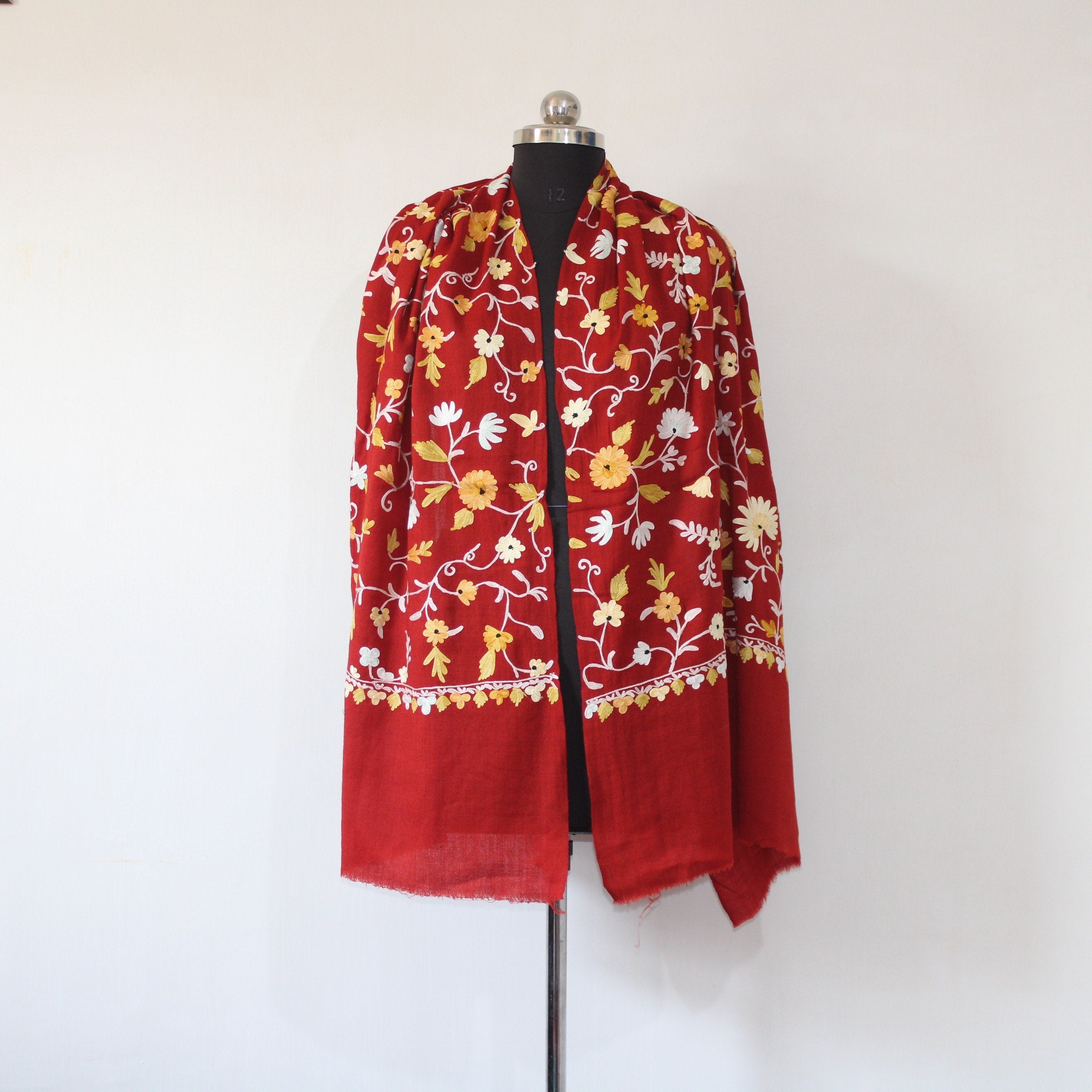 Handmade Maroon Merino Wool Scarf: Kashmiri Embroidered Wrap - BATIN