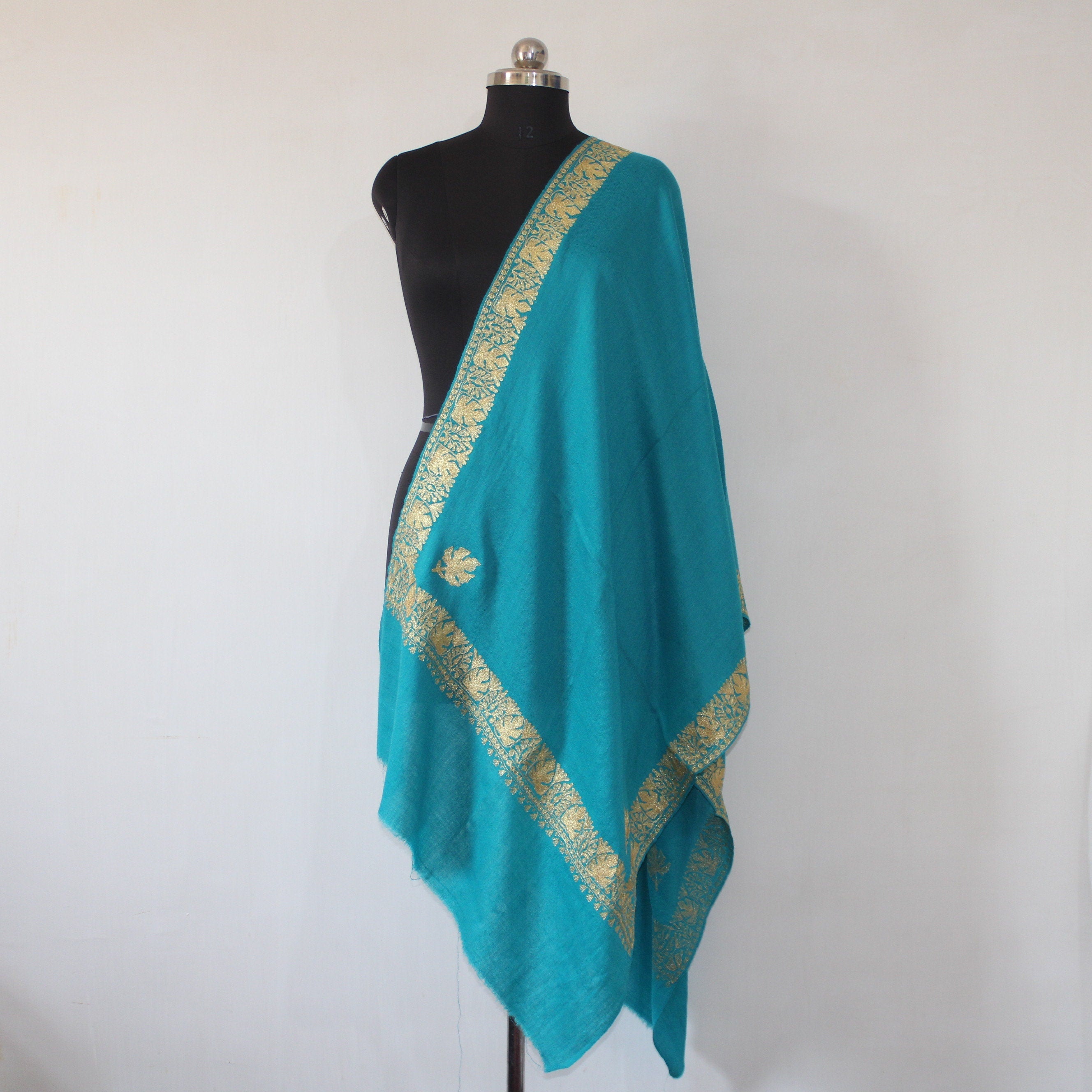 Embroidered Scarf, Kashmiri Tilla Embroidered Stole, Zari Embroidered Scarf, Fine Merino Wool Stoles, Ferozi Scarf, BATIN BATIN