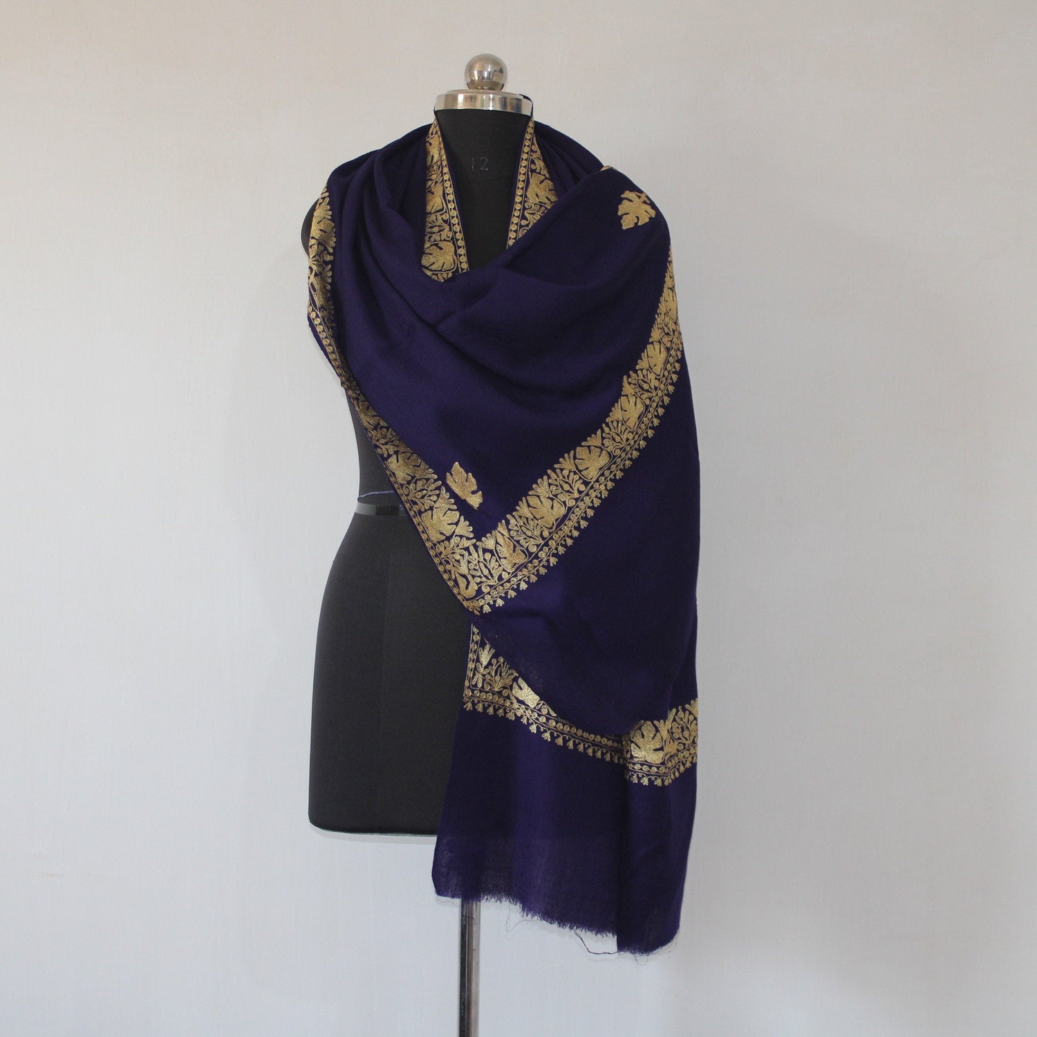 Kashmiri Embroidered Wraps, Tilla Embroidered Stole, Zari Embroidered Scarf, Fine Wool Merino Stoles, Blue Scarf, BATIN BATIN