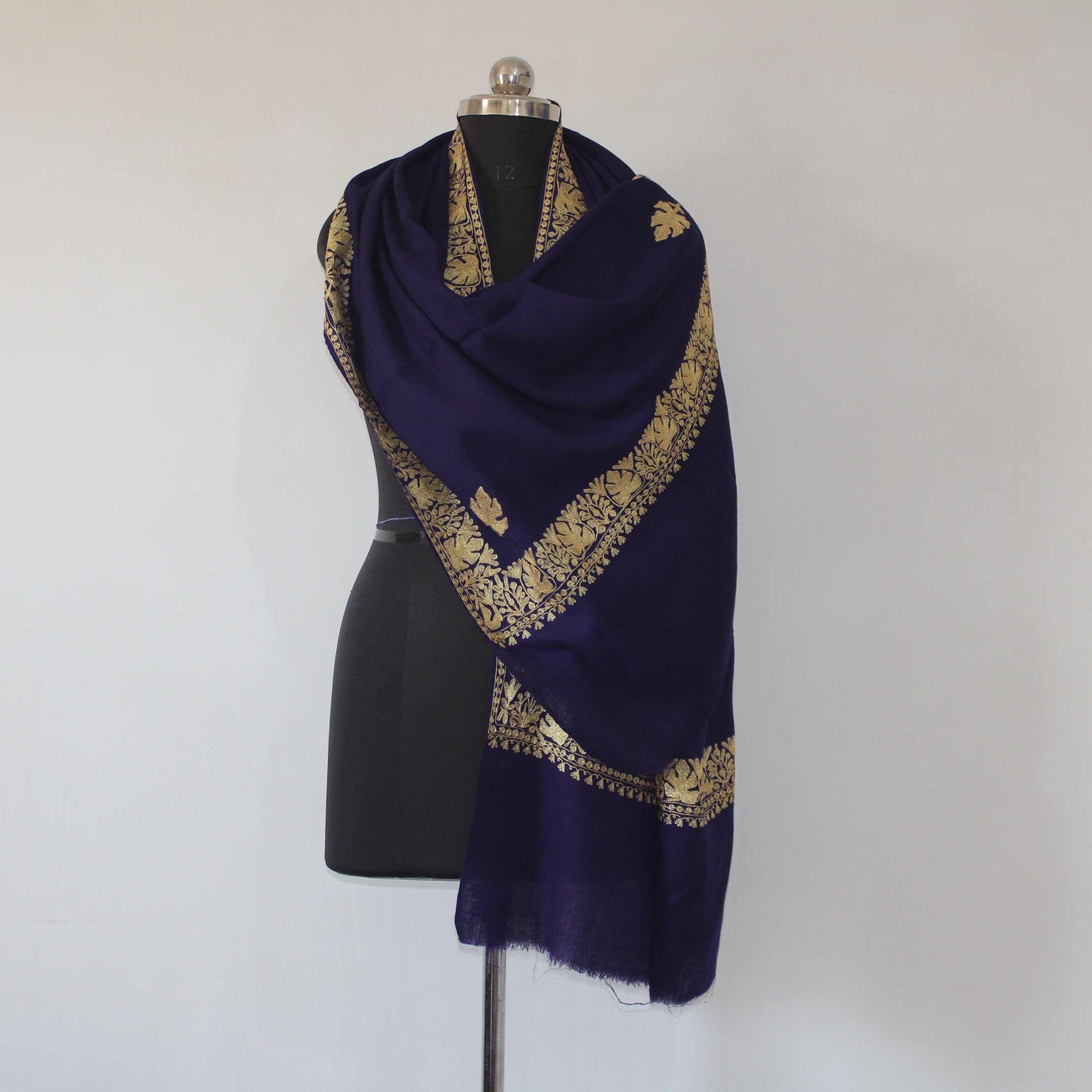 Kashmiri Embroidered Wraps, Tilla Embroidered Stole, Zari Embroidered Scarf, Fine Wool Merino Stoles, Blue Scarf, BATIN BATIN