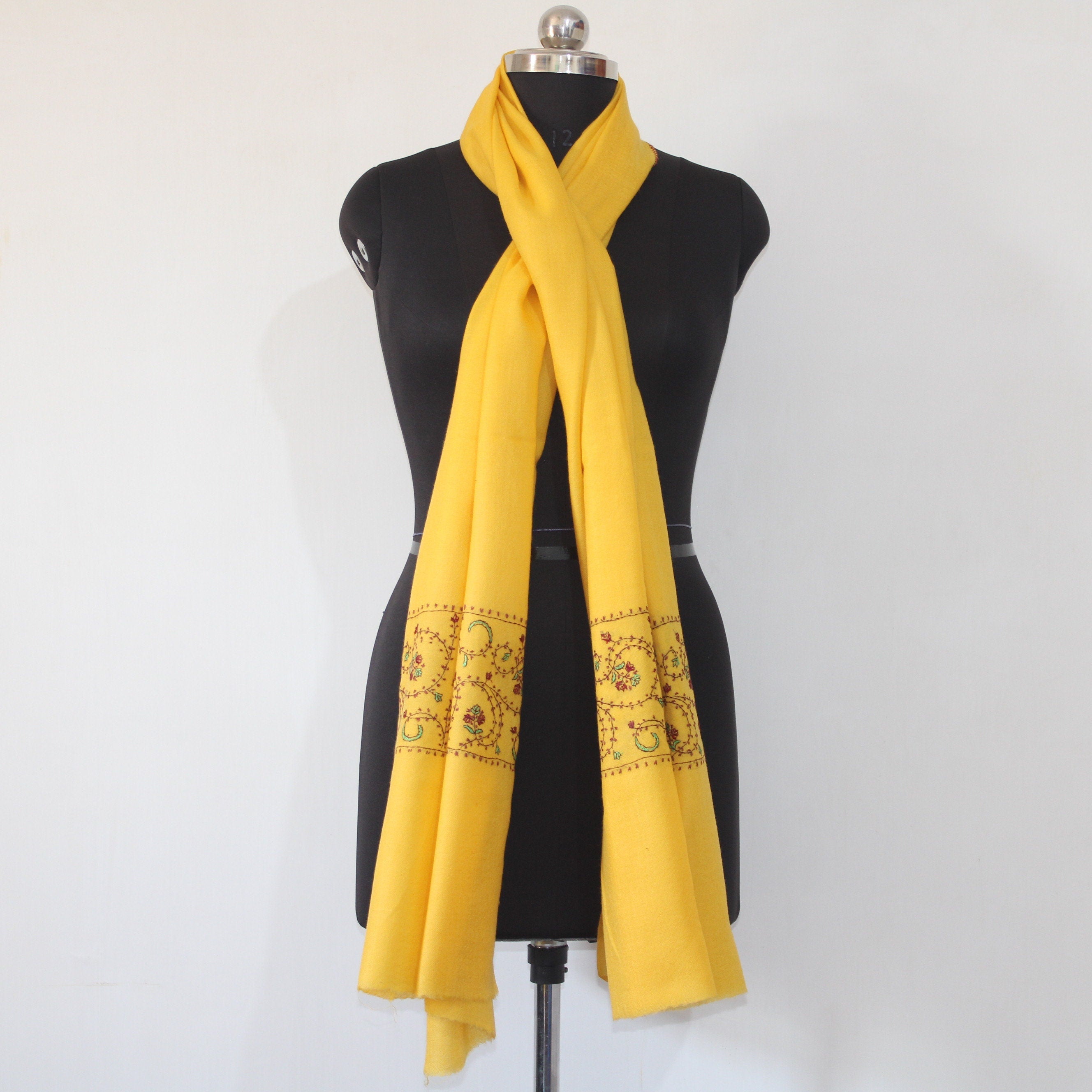 Kashmiri Sozni Embroidered Merino Wool Scarf - Mustard Pashmina Wrap - BATIN