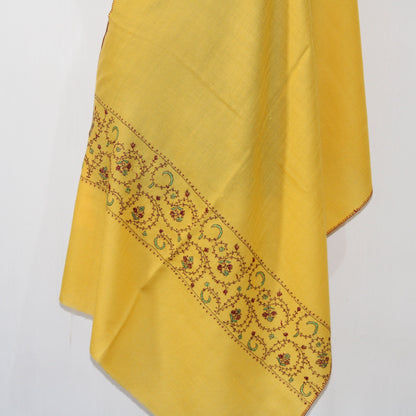 Kashmiri Sozni Embroidered Merino Wool Scarf - Mustard Pashmina Wrap - BATIN