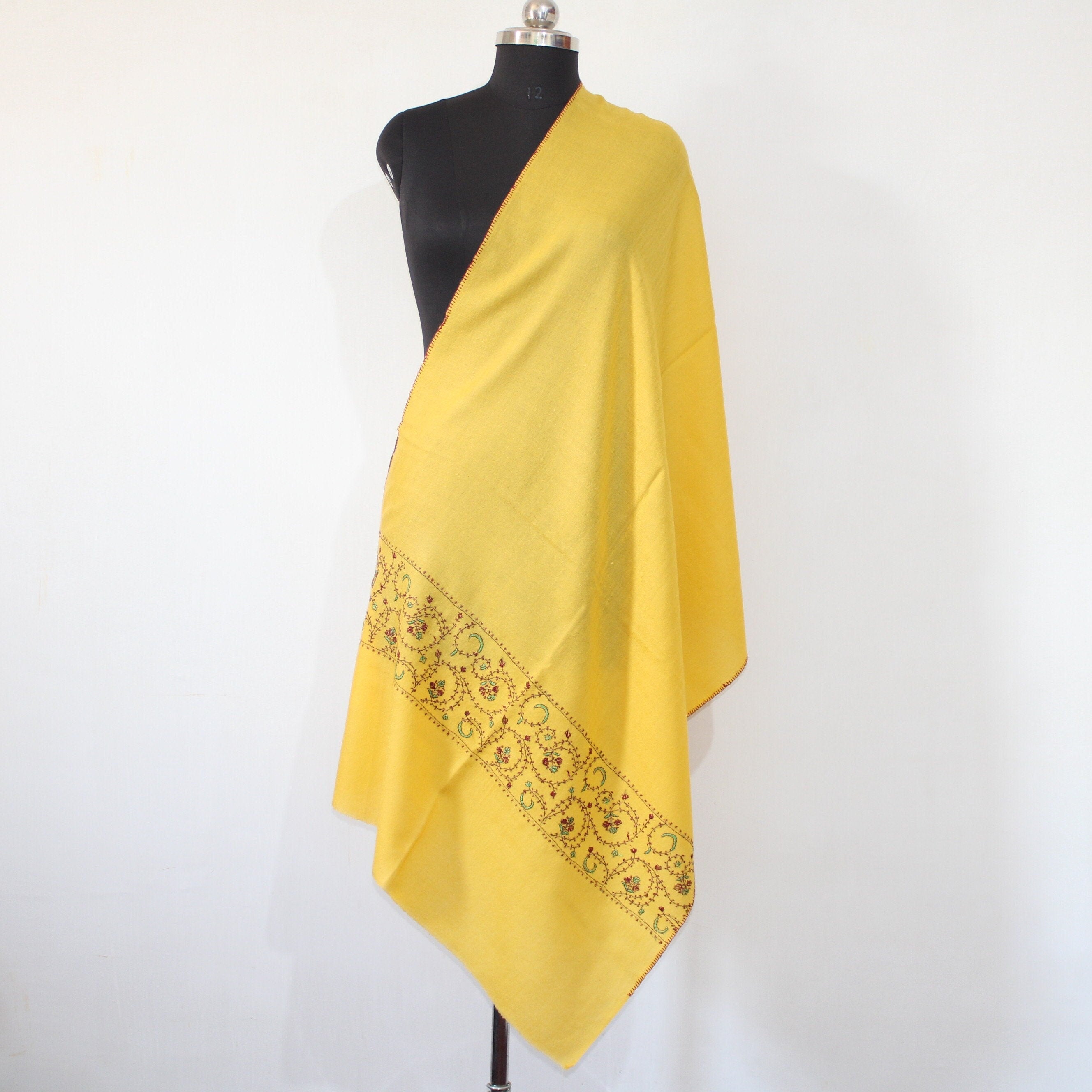 Kashmiri Sozni Embroidered Merino Wool Scarf - Mustard Pashmina Wrap - BATIN