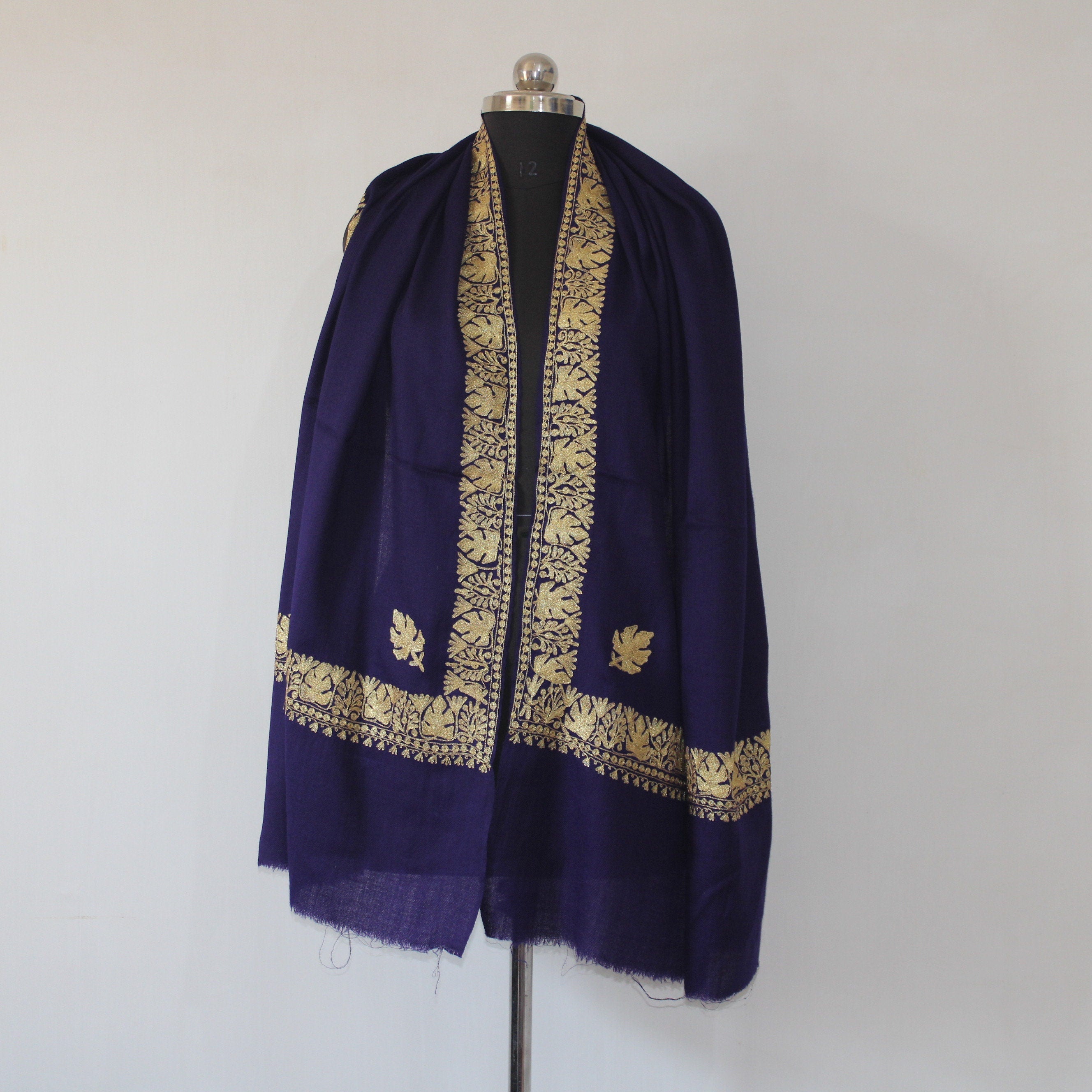 Kashmiri Embroidered Wraps, Tilla Embroidered Stole, Zari Embroidered Scarf, Fine Wool Merino Stoles, Blue Scarf, BATIN BATIN