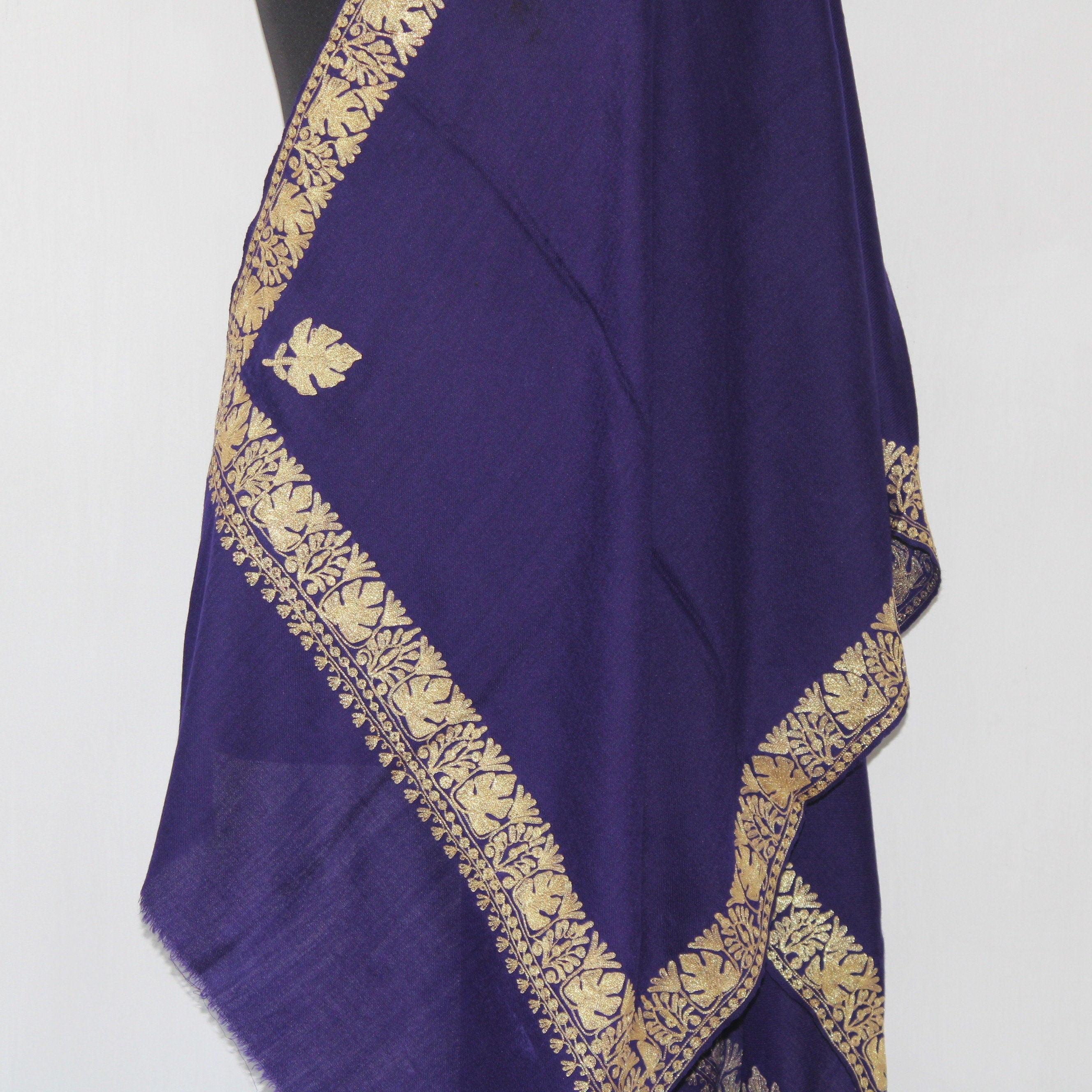 Kashmiri Embroidered Wraps, Tilla Embroidered Stole, Zari Embroidered Scarf, Fine Wool Merino Stoles, Blue Scarf, BATIN BATIN