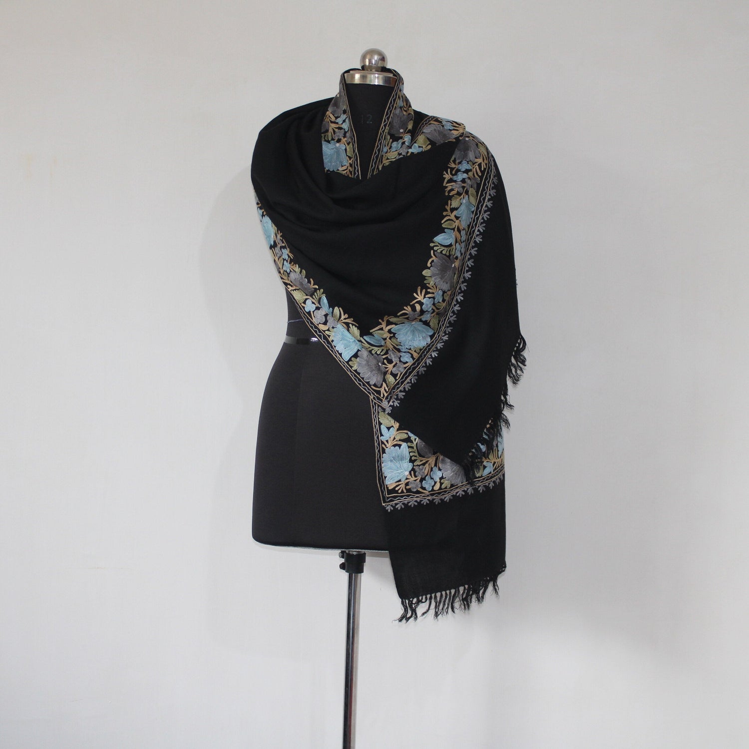 Kashmiri Embroidered Scarf, Fine Merino Wool Stole, Fine Wool Scarf, Embroidered Wraps, Kashmiri Stole, Black Stole, BATIN® BATIN