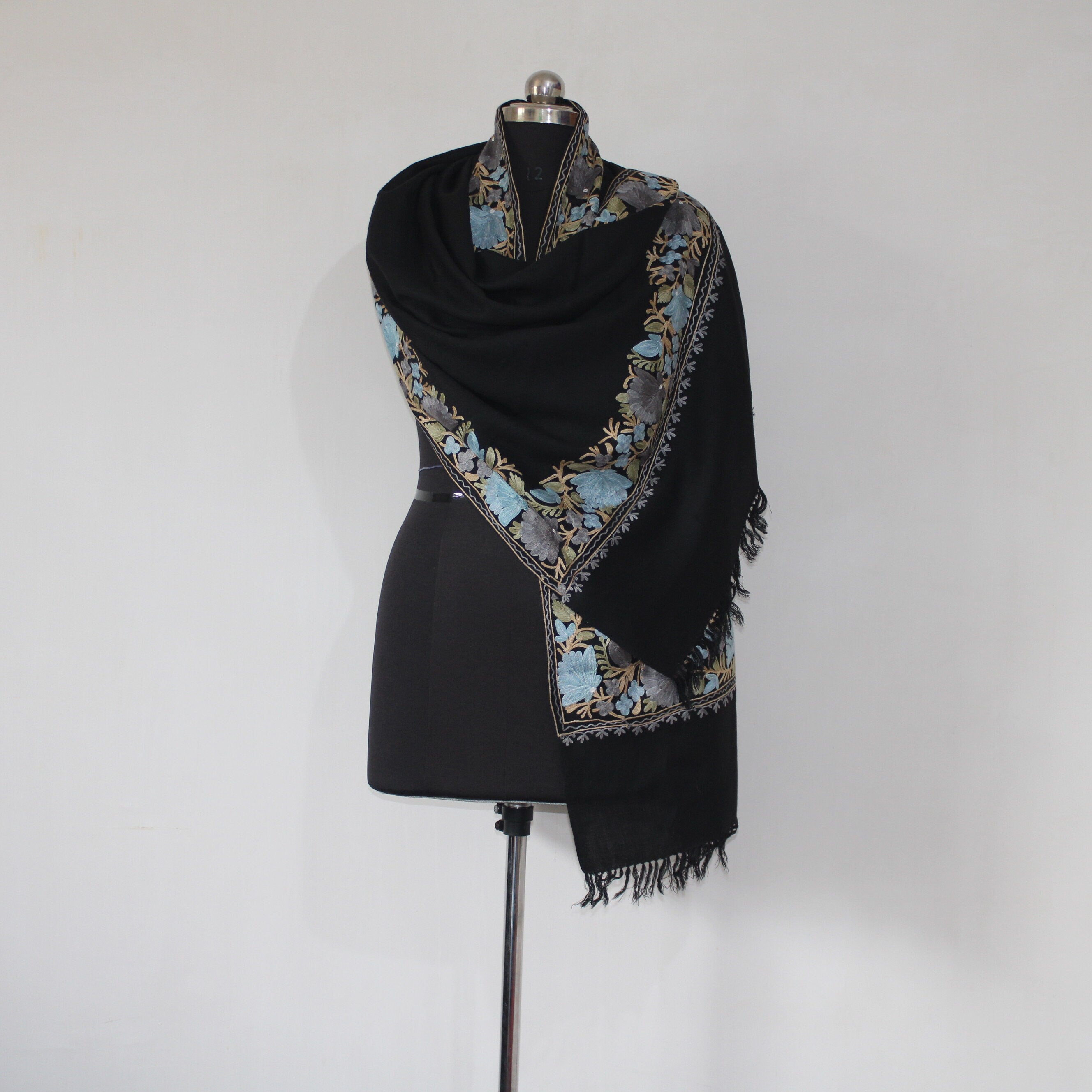 Kashmiri Embroidered Scarf, Fine Merino Wool Stole, Fine Wool Scarf, Embroidered Wraps, Kashmiri Stole, Black Stole, BATIN® BATIN