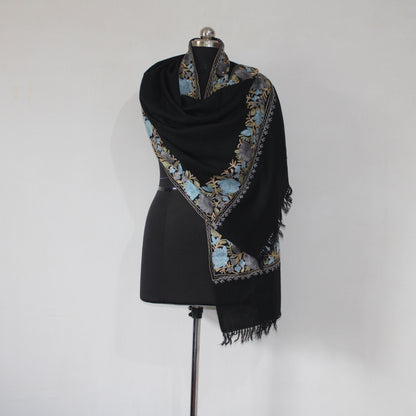 Kashmiri Embroidered Scarf, Fine Merino Wool Stole, Fine Wool Scarf, Embroidered Wraps, Kashmiri Stole, Black Stole, BATIN® BATIN