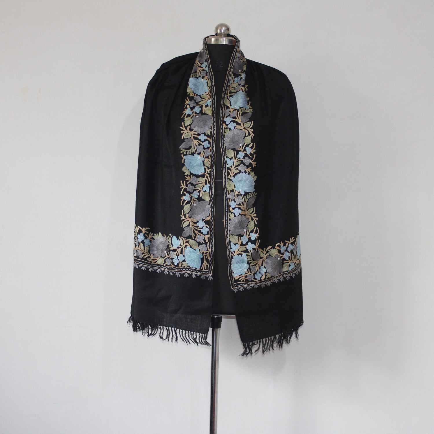 Kashmiri Embroidered Scarf, Fine Merino Wool Stole, Fine Wool Scarf, Embroidered Wraps, Kashmiri Stole, Black Stole, BATIN® BATIN