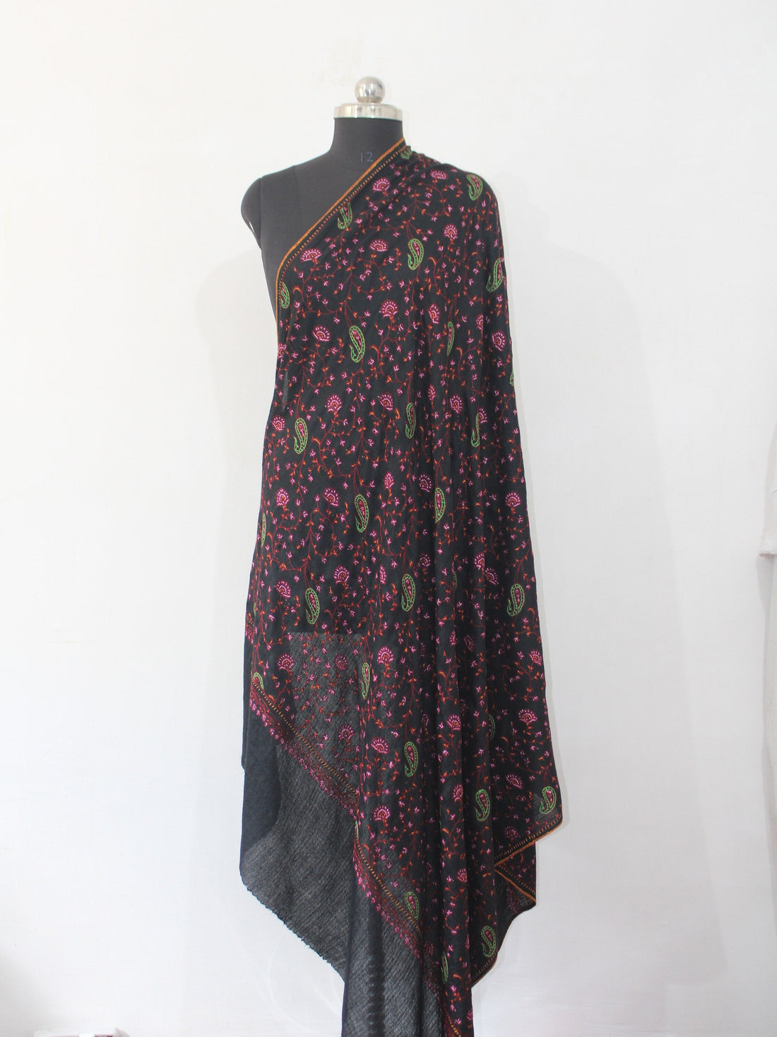 Black Merino Wool Kashmiri Shawl: Sozni Handwork Embroidery BATIN
