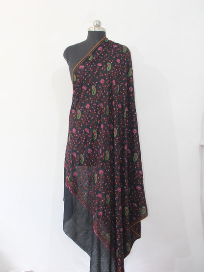 Black Merino Wool Kashmiri Shawl: Sozni Handwork Embroidery BATIN