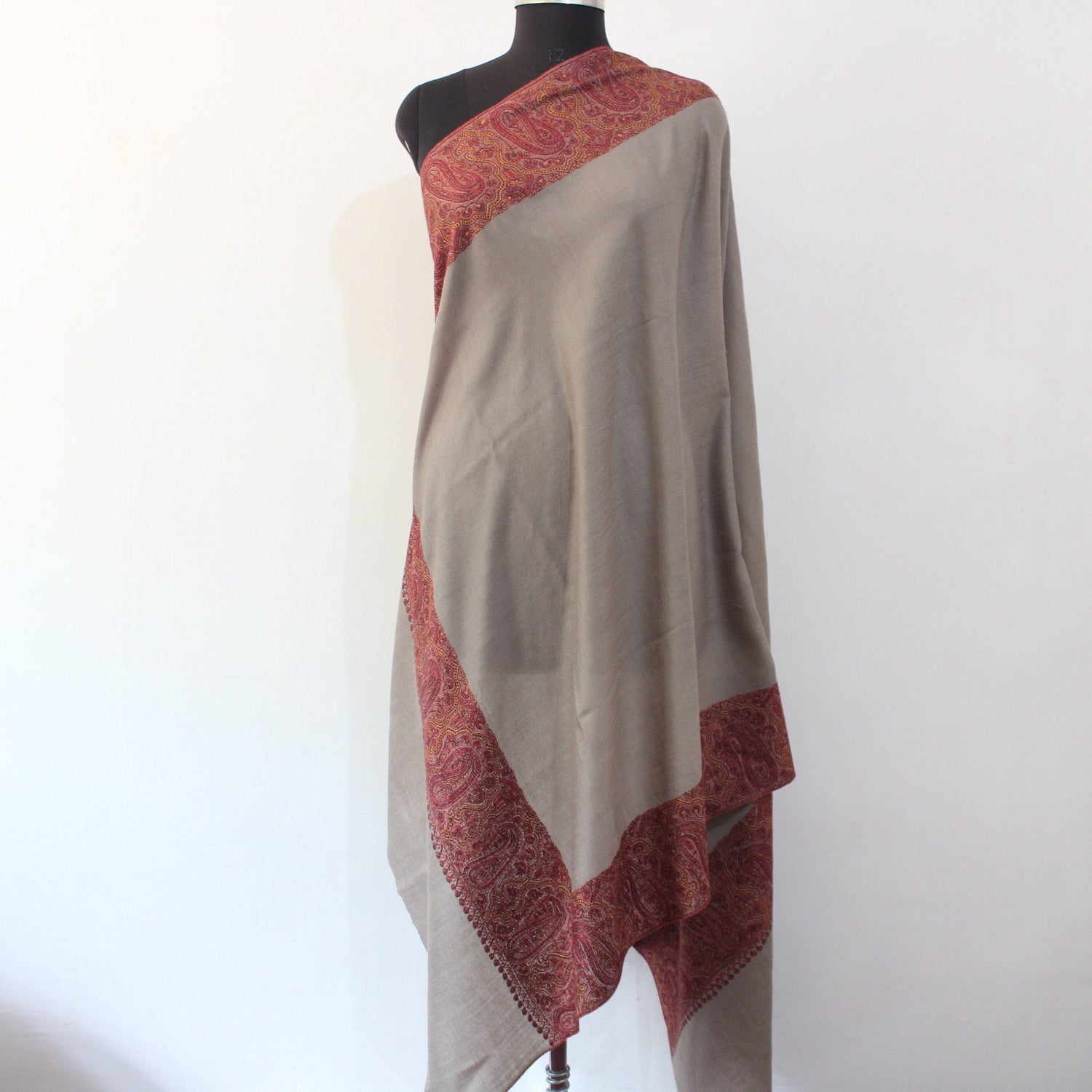 Merino Wool Shawl: Kashmiri Sozni Embroidery, Paisley Wrap BATIN