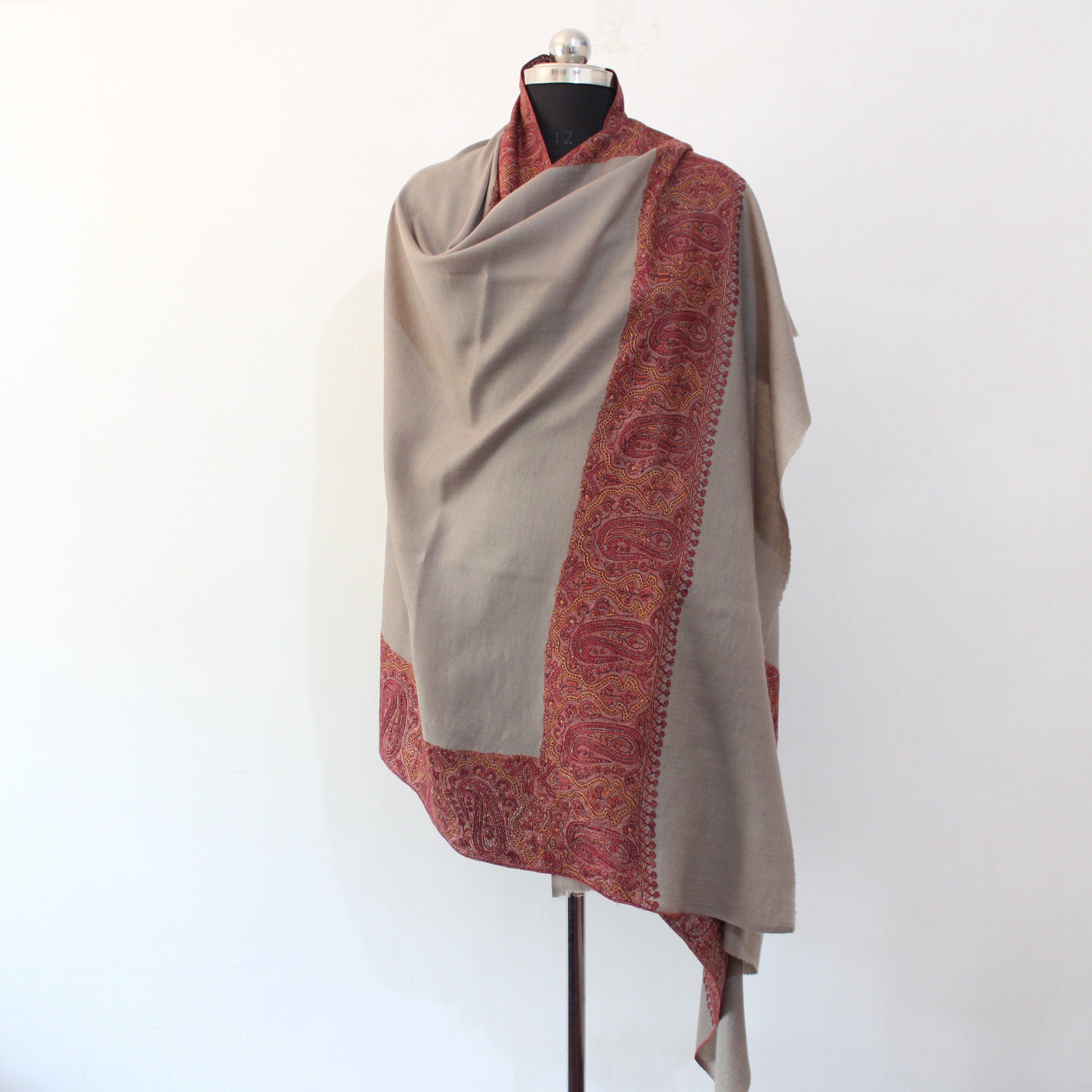 Merino Wool Shawl: Kashmiri Sozni Embroidery, Paisley Wrap BATIN