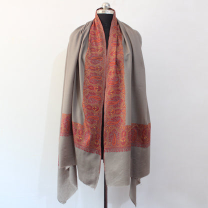 Hand Embroidered Merino Wool Shawl: Kashmiri Sozni Paisley Wrap BATIN