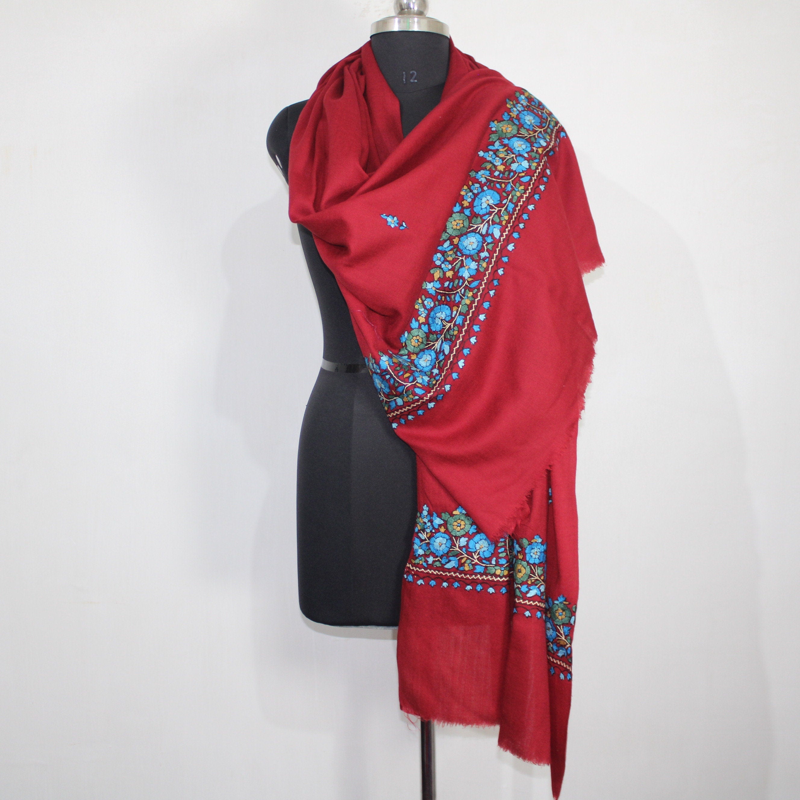 Kashmiri Maroon Wool Scarf: Handmade Paper Mache Embroidery Stole - BATIN