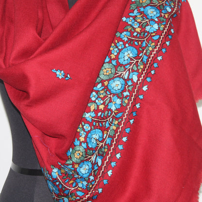 Kashmiri Maroon Wool Scarf: Handmade Paper Mache Embroidery Stole - BATIN