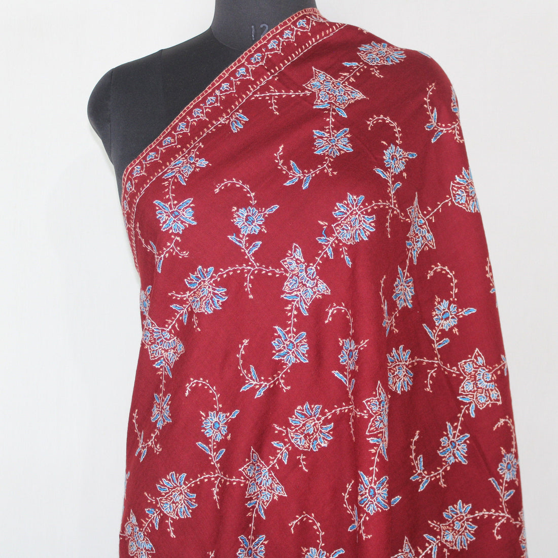 Merino Wool Sozni Embroidery Shawl: Maroon Kashmiri Wrap BATIN
