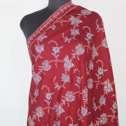 Merino Wool Sozni Embroidery Shawl: Maroon Kashmiri Wrap BATIN