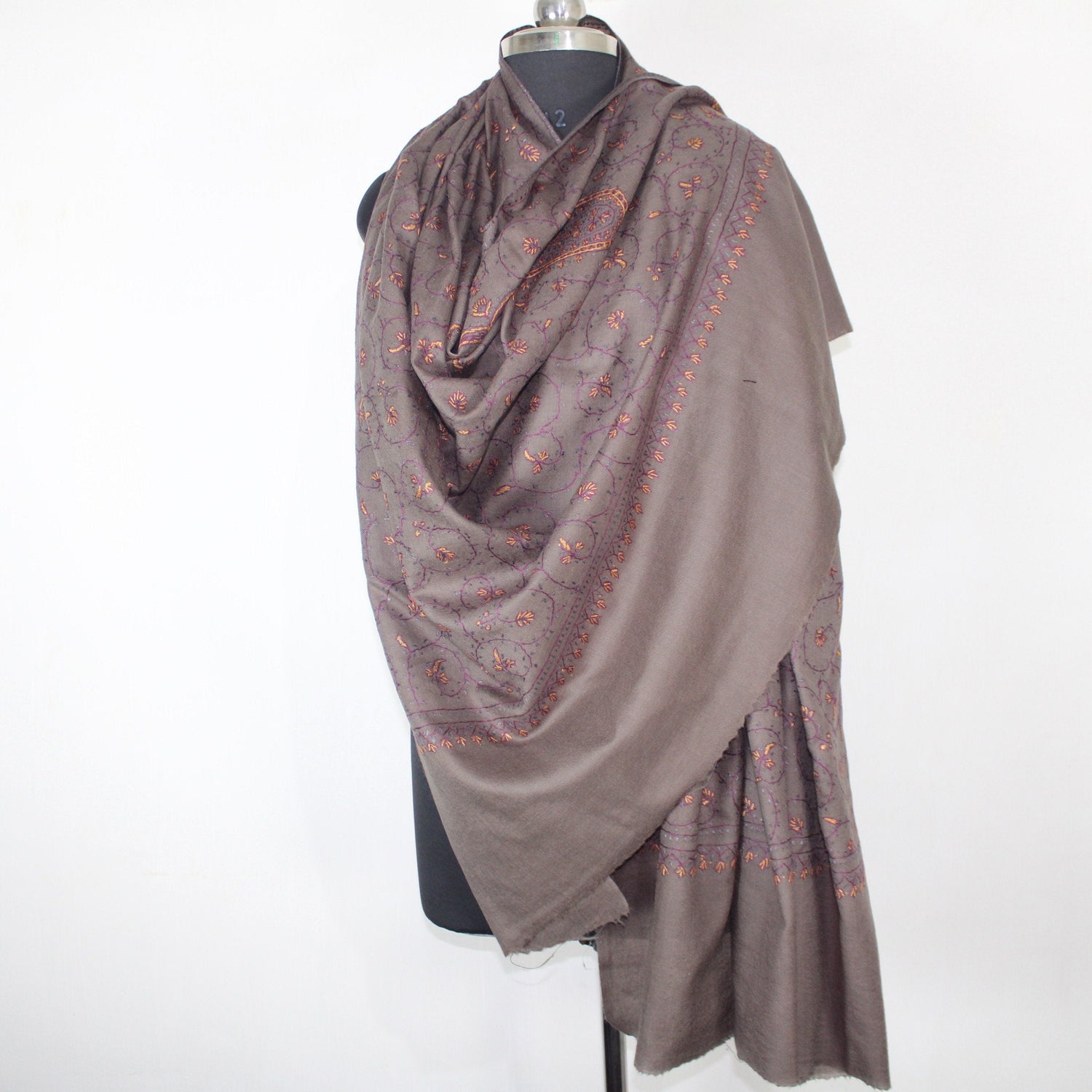 Kashmiri Sozni Embroidery Shawl: Fine Merino Wool Beige Wrap BATIN