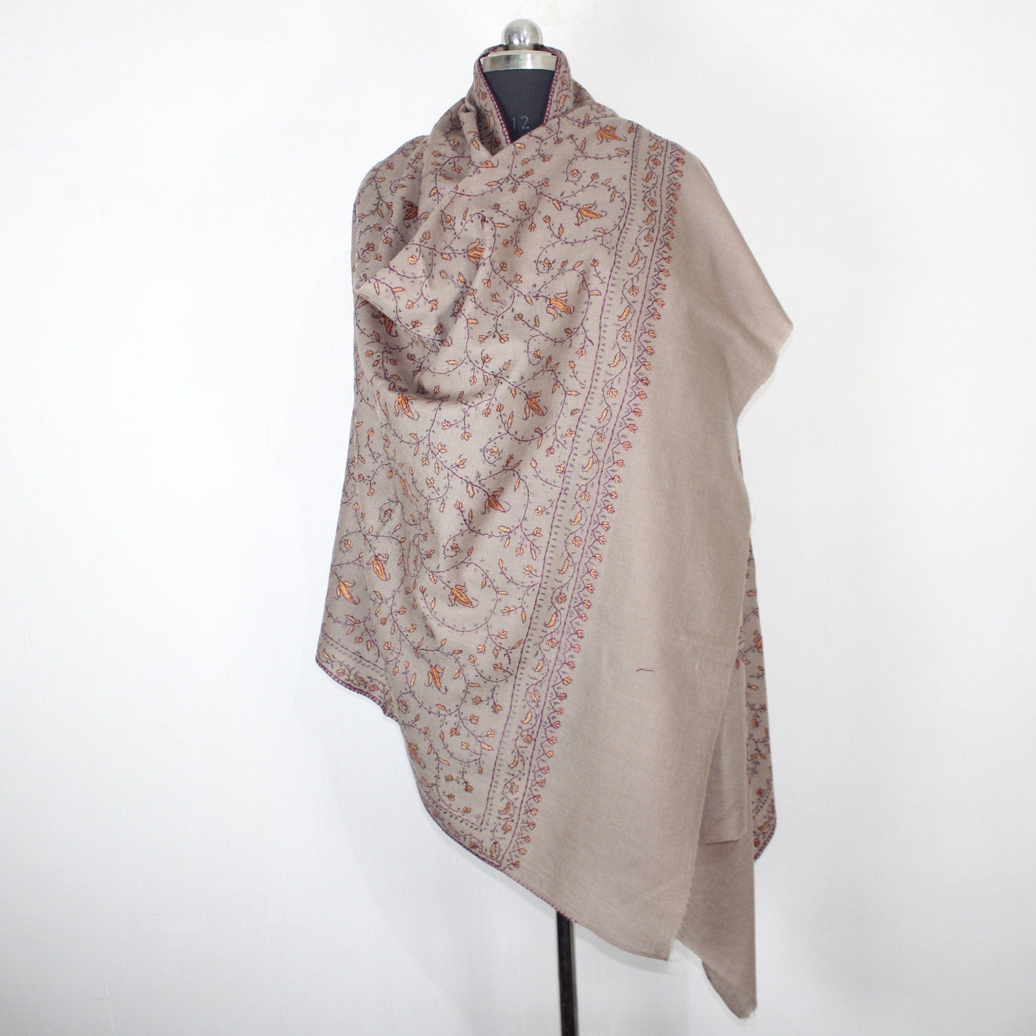 Kashmiri Sozni Embroidered Merino Wool Shawl: Beige Paisley Wrap BATIN