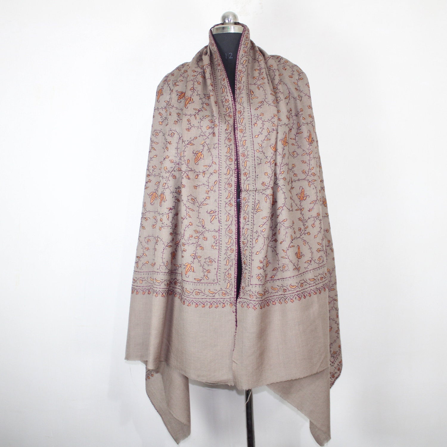 Kashmiri Sozni Embroidered Merino Wool Shawl: Beige Paisley Wrap BATIN