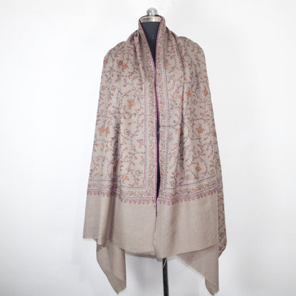 Kashmiri Sozni Embroidered Merino Wool Shawl: Beige Paisley Wrap BATIN