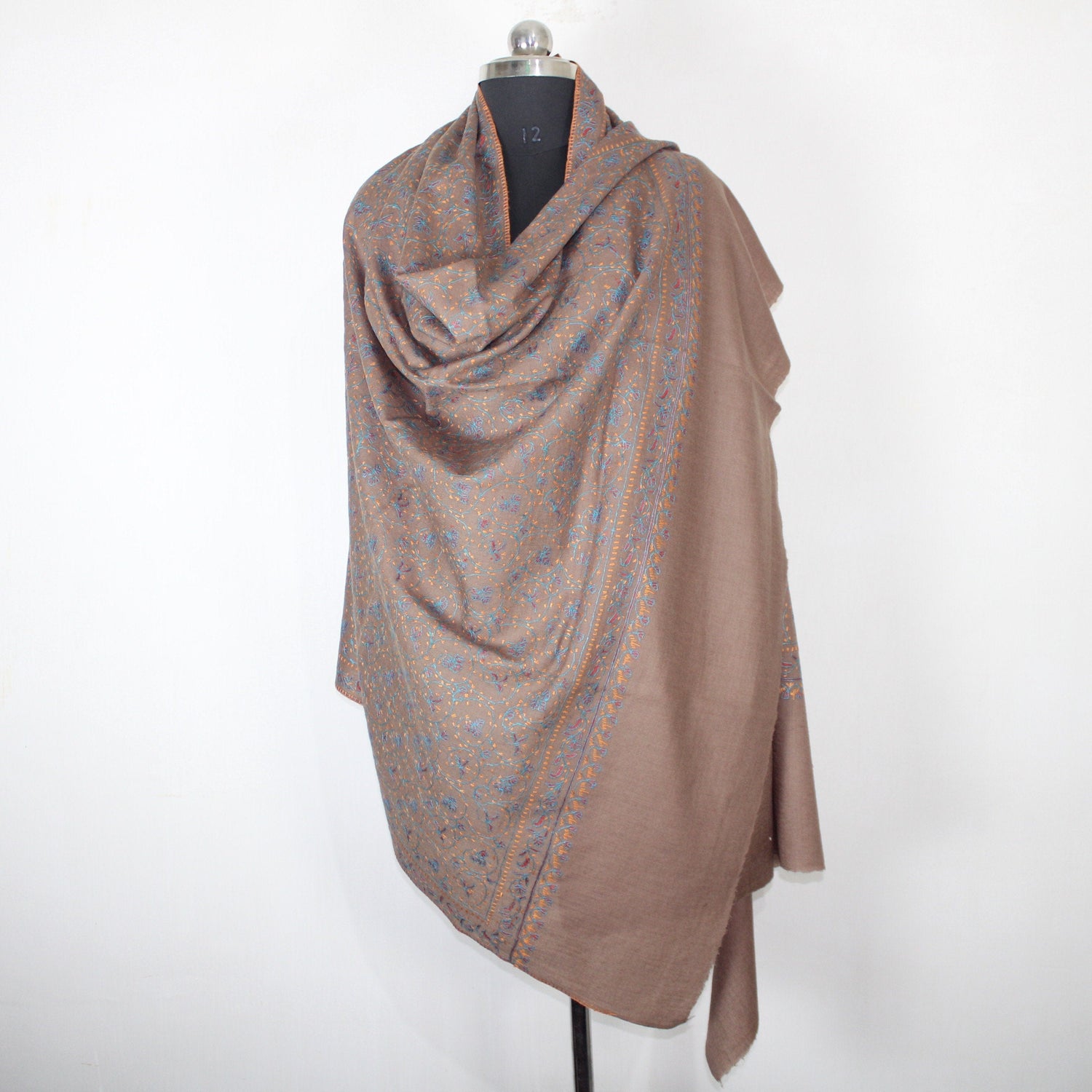 Kashmiri Sozni Embroidered Merino Wool Shawl: Beige Jaaldar Wrap BATIN
