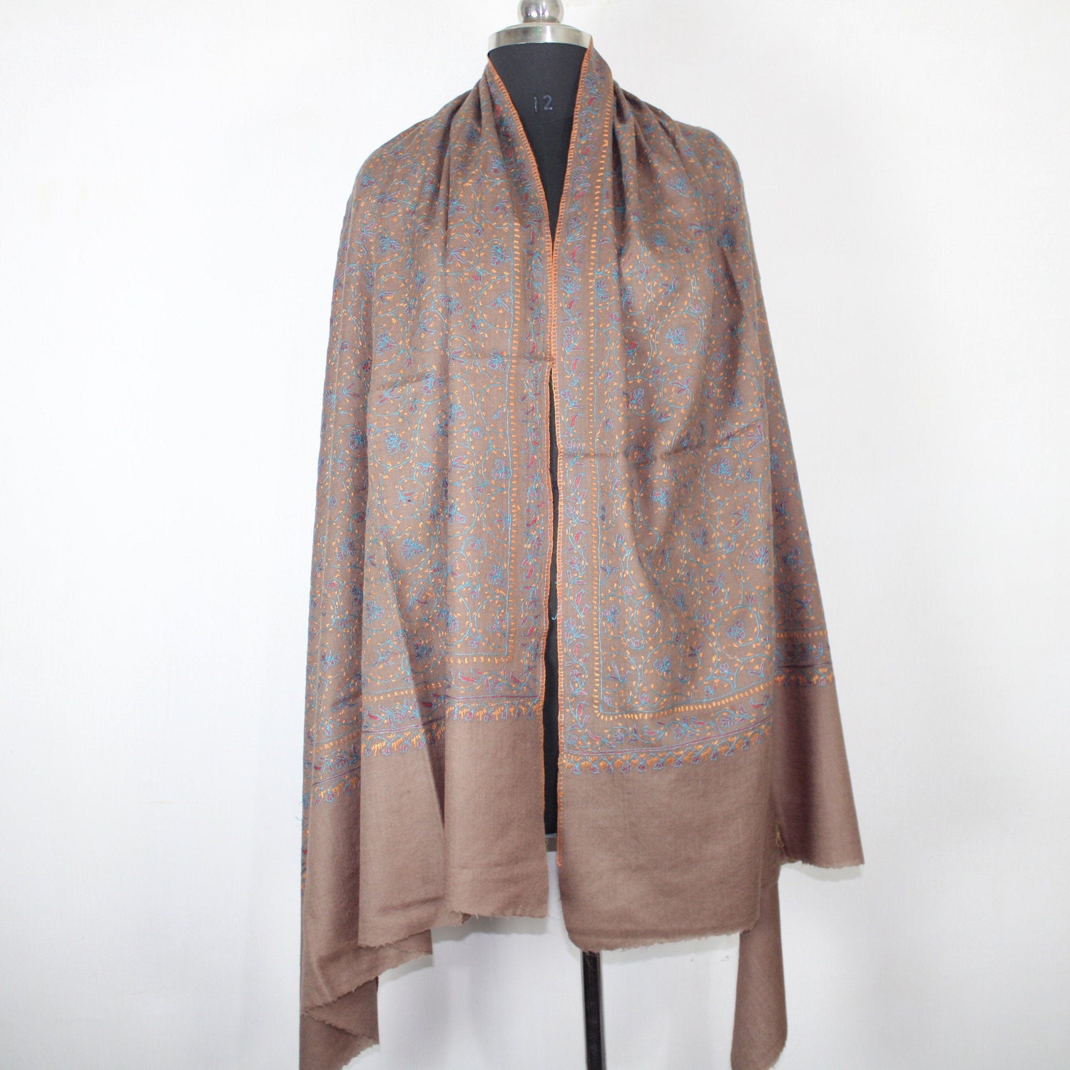 Kashmiri Sozni Embroidered Merino Wool Shawl: Beige Jaaldar Wrap BATIN
