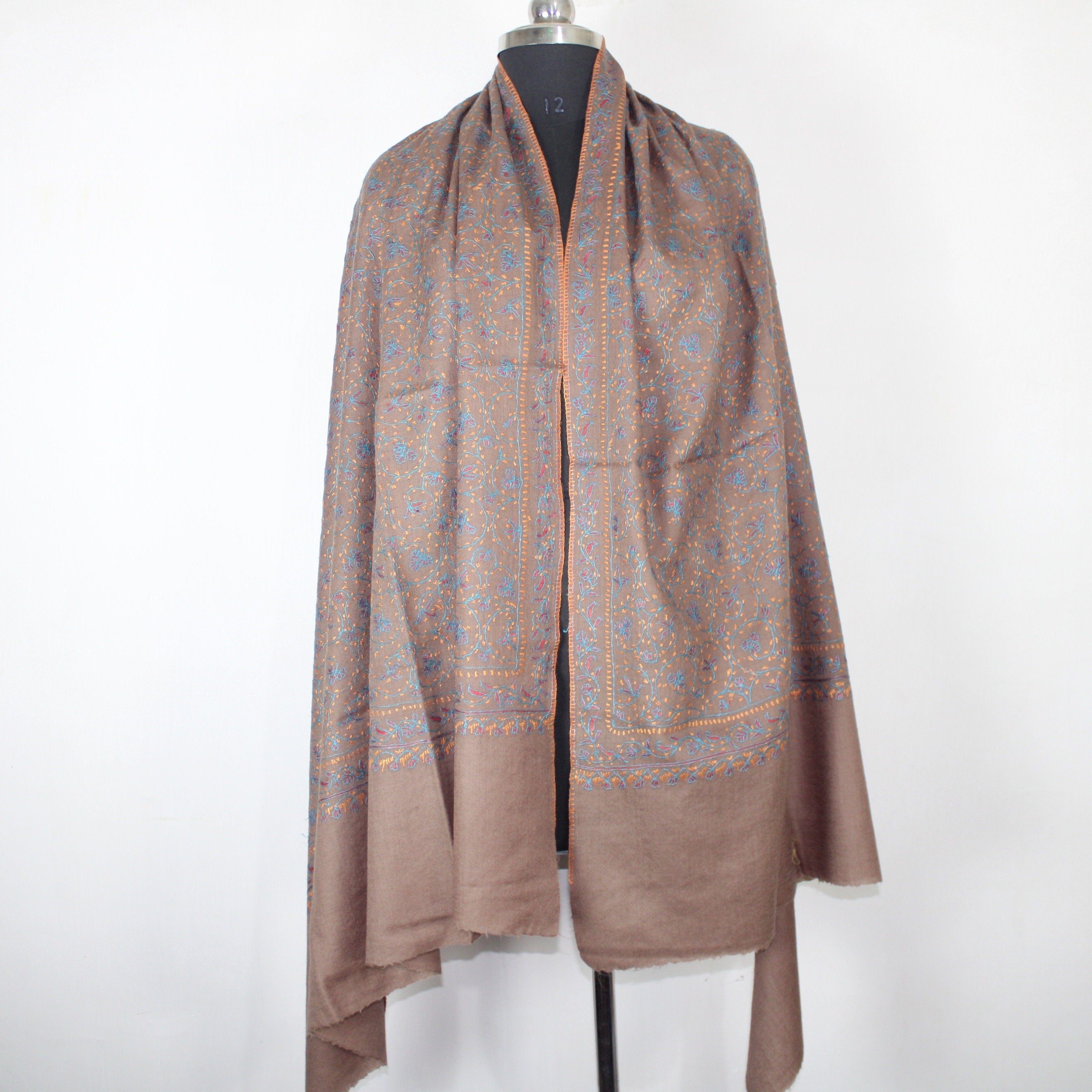 Kashmiri Sozni Embroidered Merino Wool Shawl: Beige Jaaldar Wrap BATIN