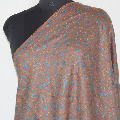 Kashmiri Sozni Embroidered Merino Wool Shawl: Beige Jaaldar Wrap BATIN