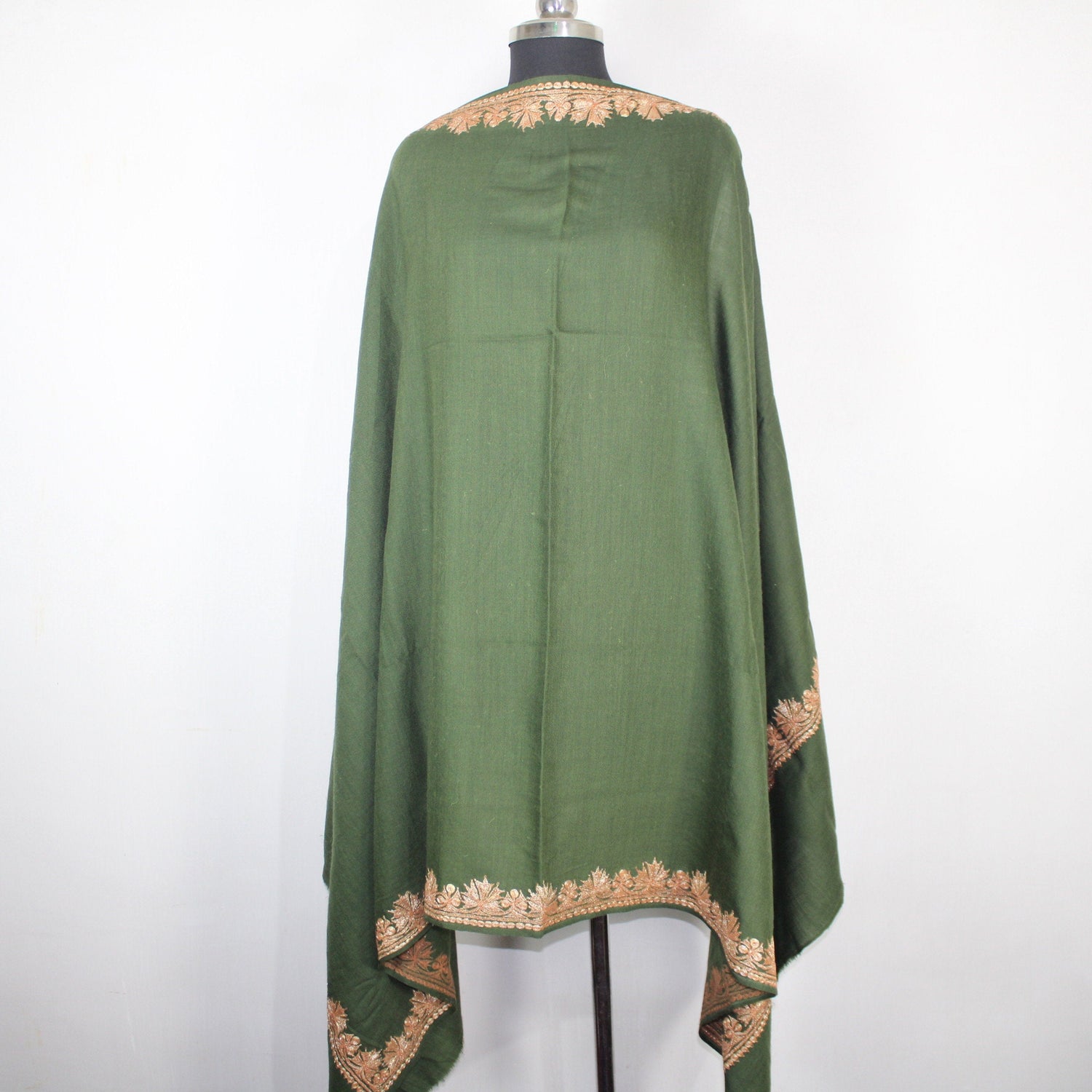 Kashmiri Merino Wool Shawl: Green Tilla Embroidery BATIN