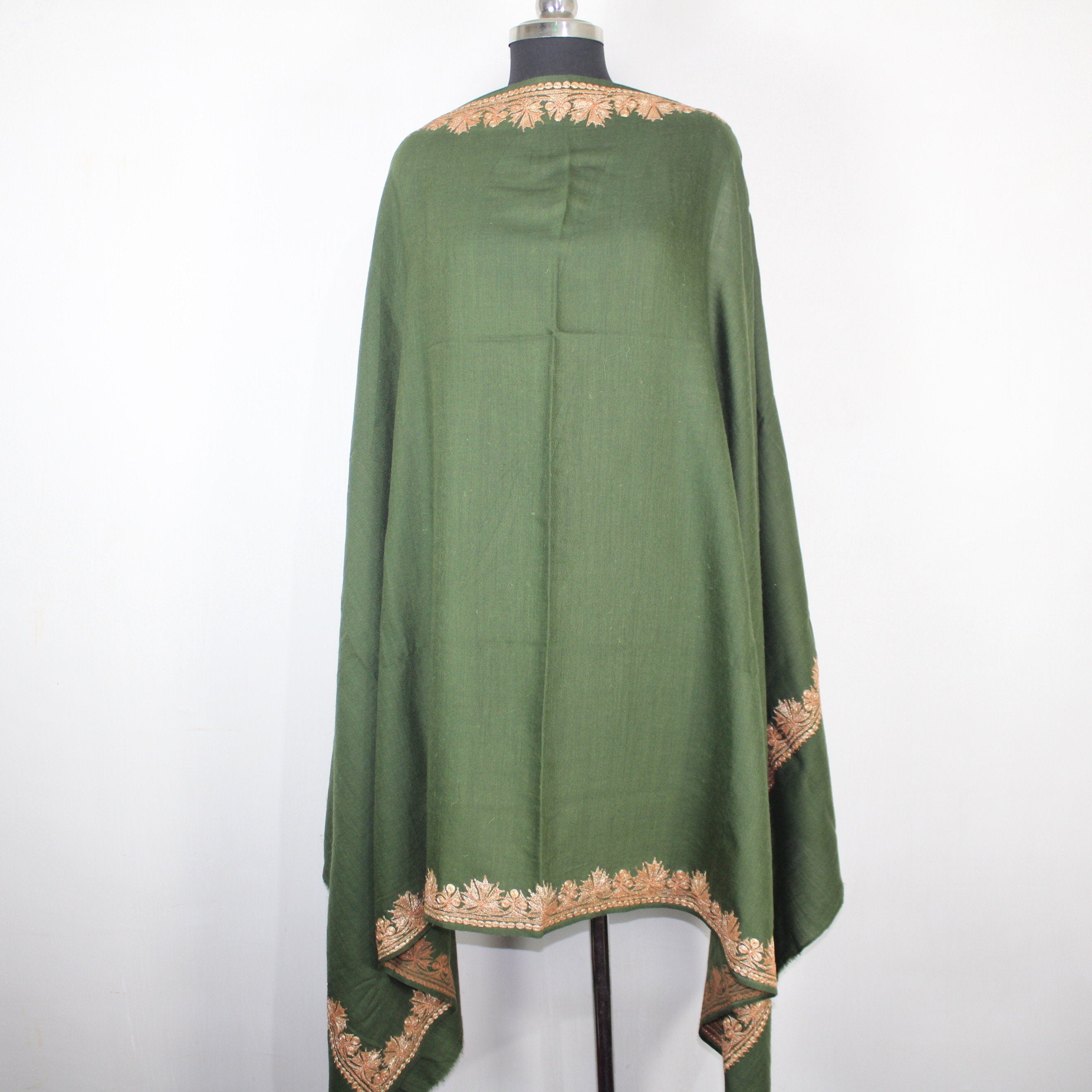 Kashmiri Merino Wool Shawl: Green Tilla Embroidery BATIN