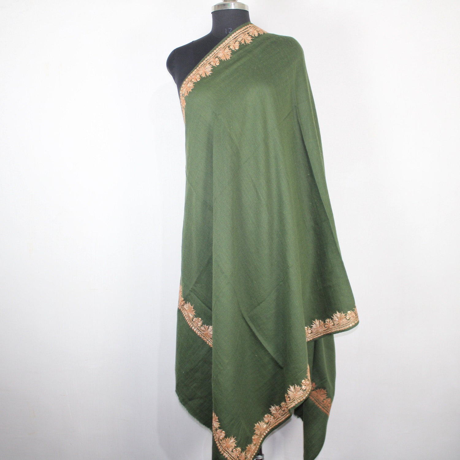 Kashmiri Merino Wool Shawl: Green Tilla Embroidery BATIN