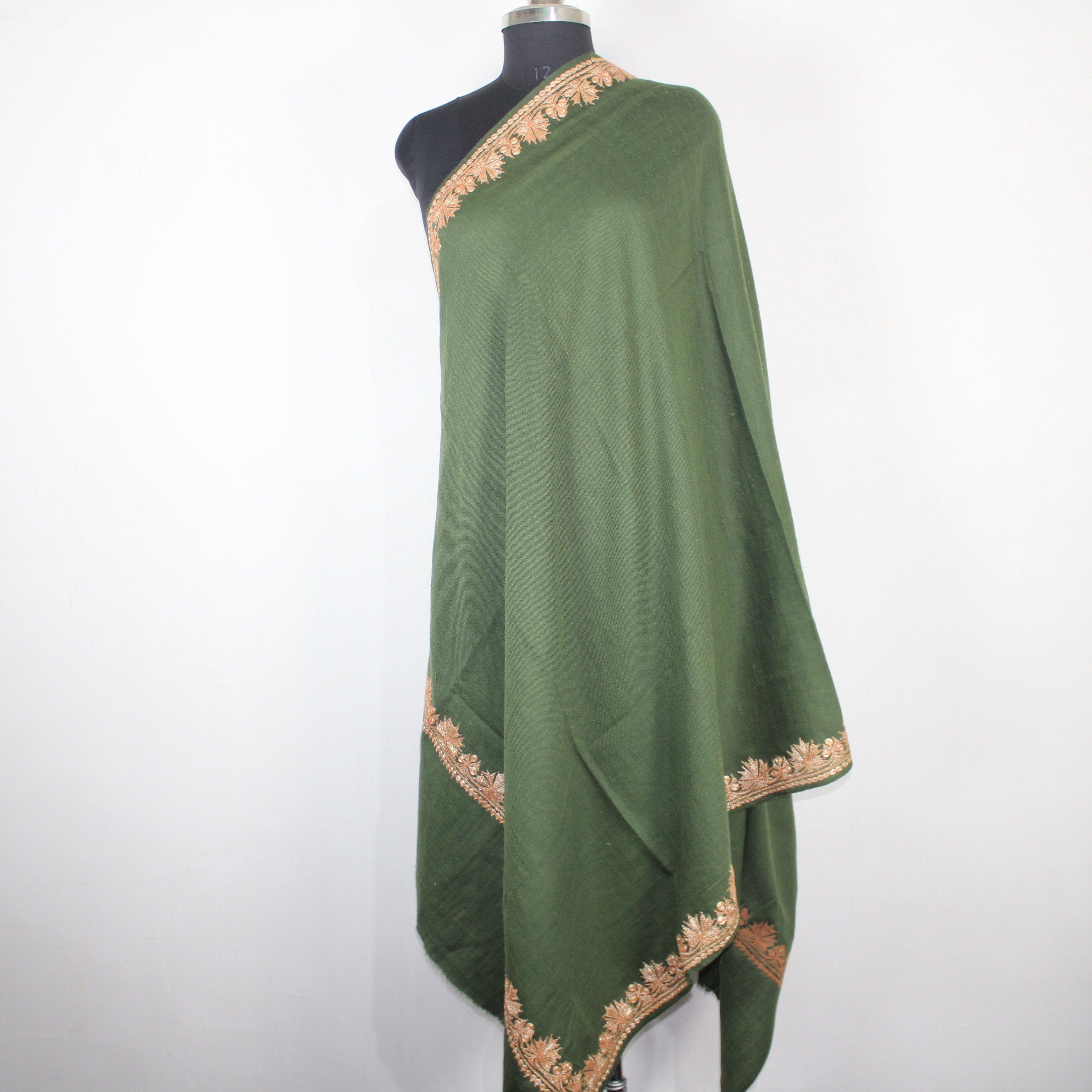 Kashmiri Merino Wool Shawl: Green Tilla Embroidery BATIN