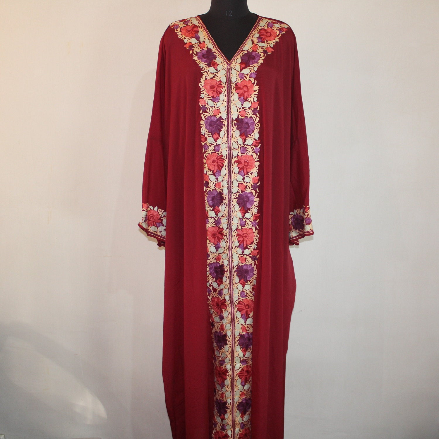 Handmade Kashmiri Aari Embroidered Crepe Silk Kaftan Dress - BATIN