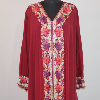 Handmade Kashmiri Aari Embroidered Crepe Silk Kaftan Dress - BATIN