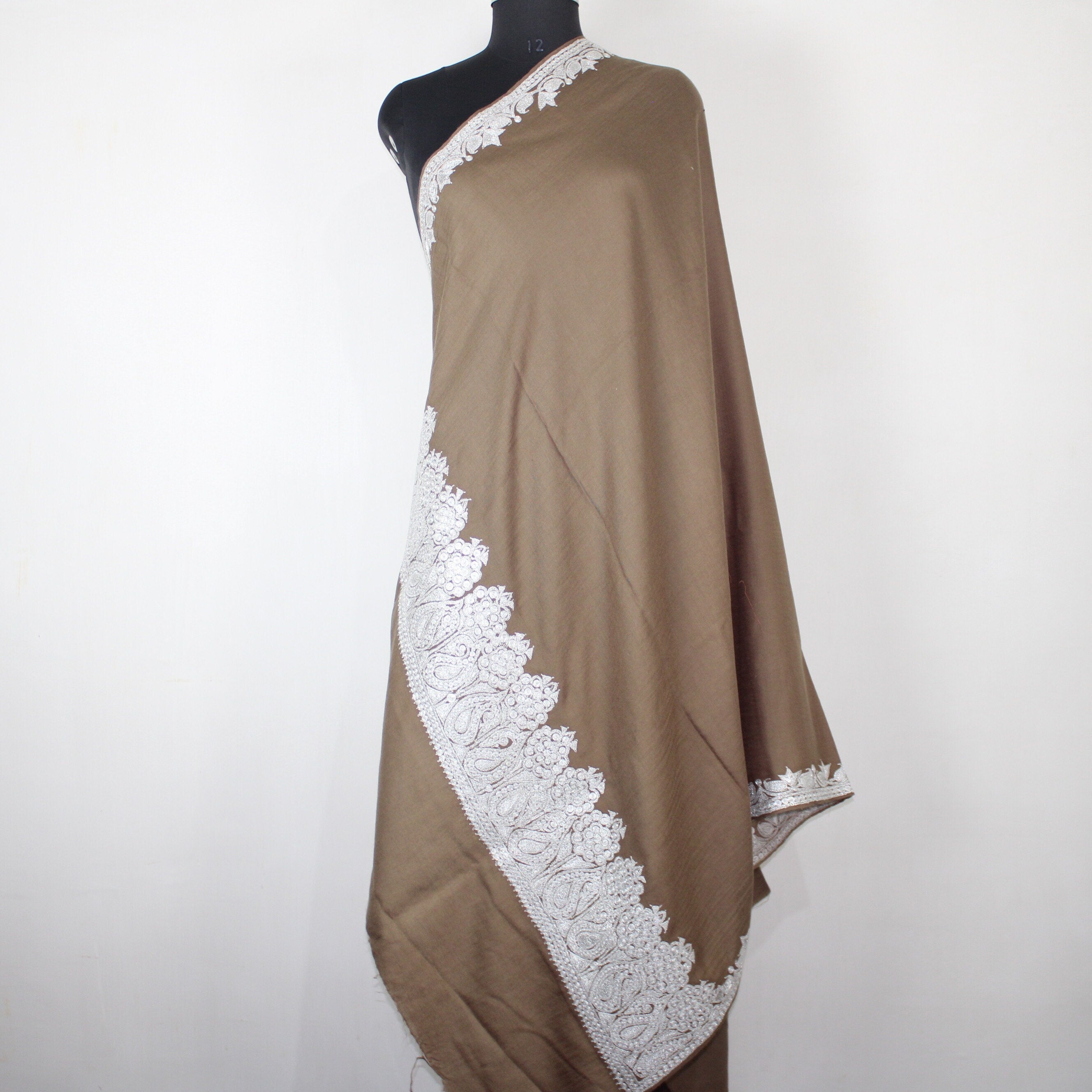 Kashmiri Merino Wool Shawl: Beige Tilla Embroidery - BATIN