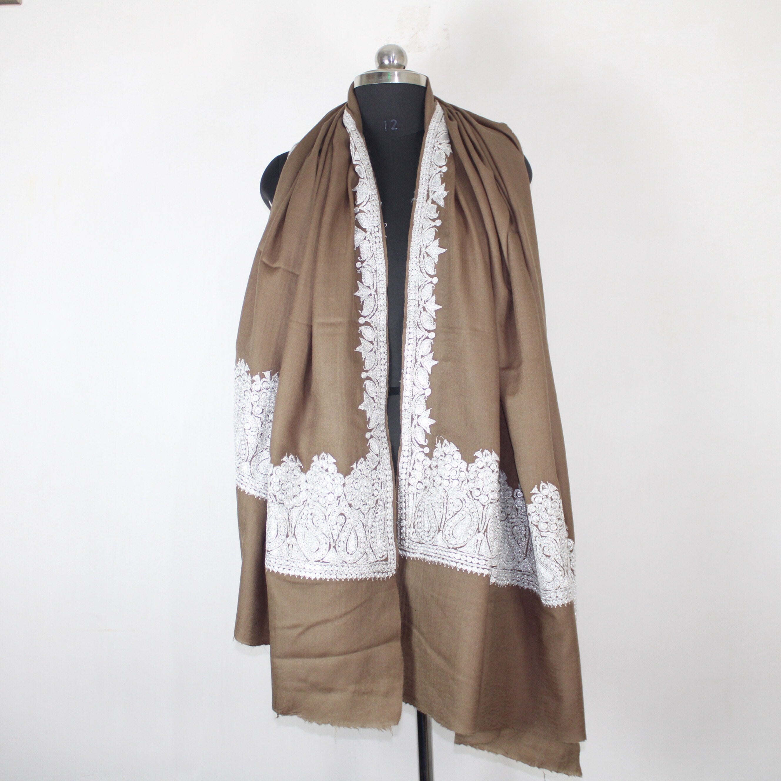 Kashmiri Merino Wool Shawl: Beige Tilla Embroidery - BATIN