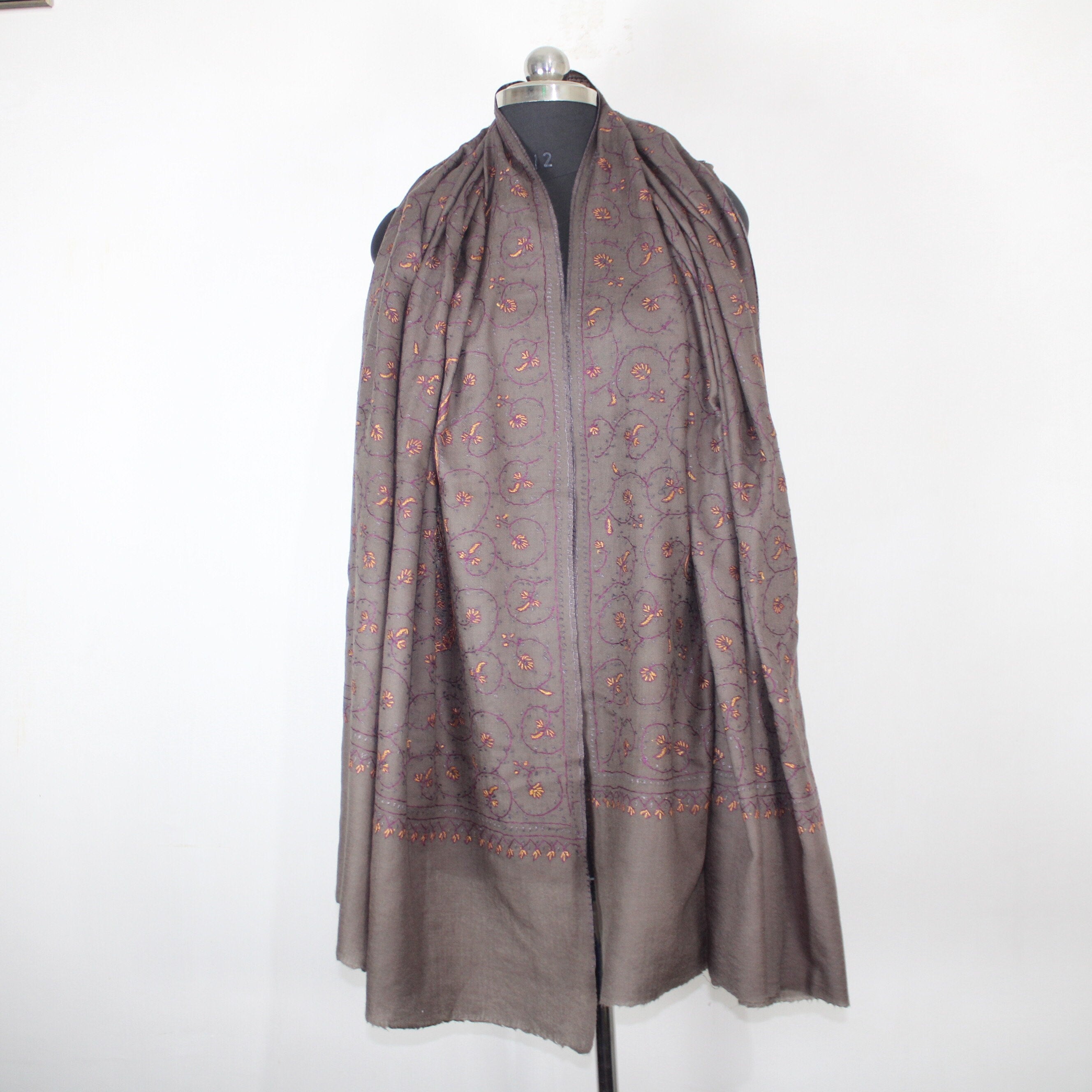 Kashmiri Sozni Embroidery Shawl: Fine Merino Wool Beige Wrap BATIN