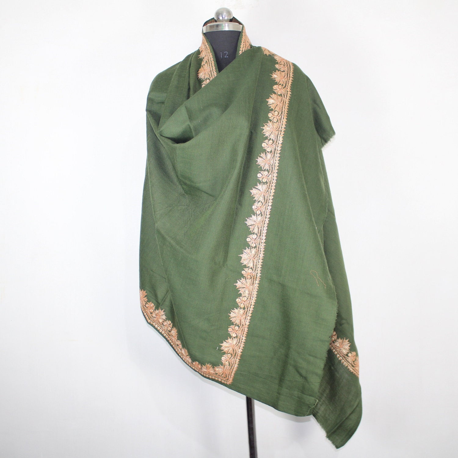 Kashmiri Merino Wool Shawl: Green Tilla Embroidery BATIN